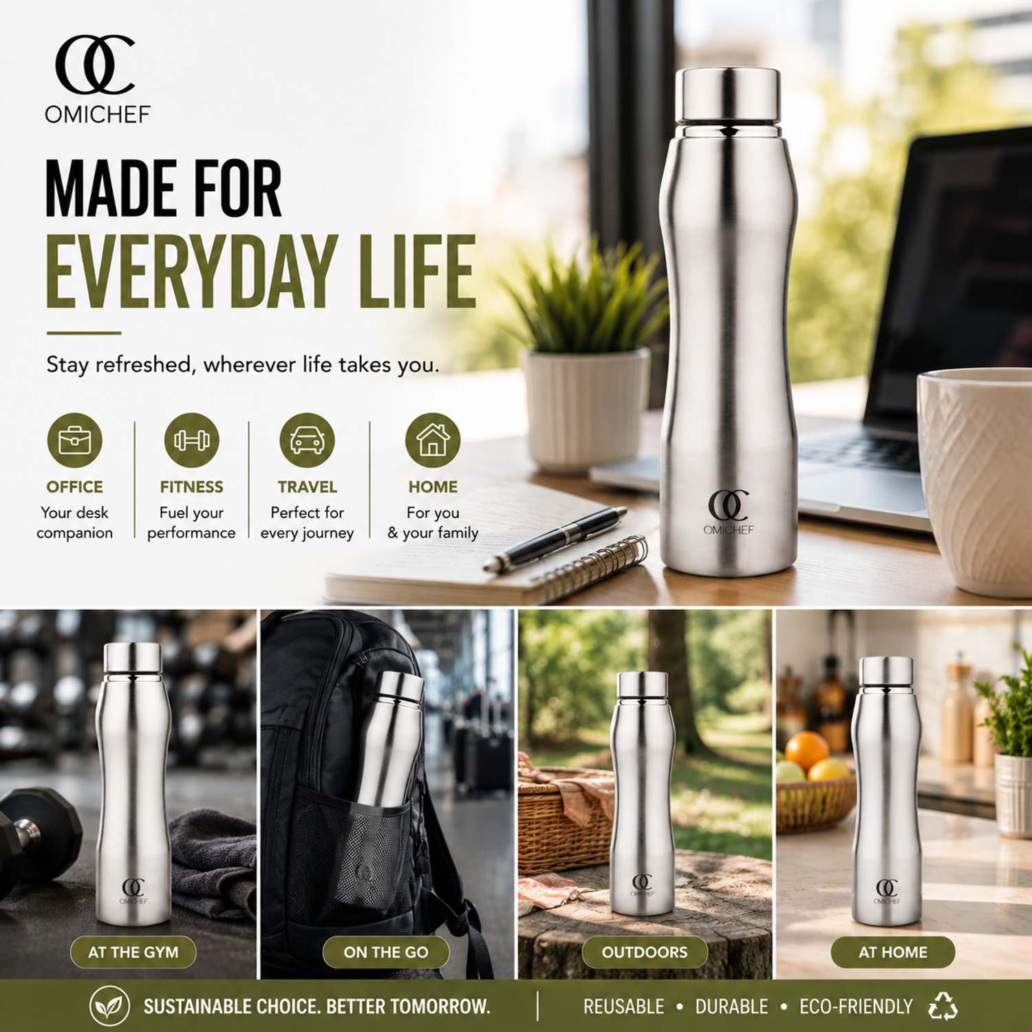 Image of Omichef curvy stainless steel fridge bottle set of 6.leak proof 1000 ml Steel Bottle