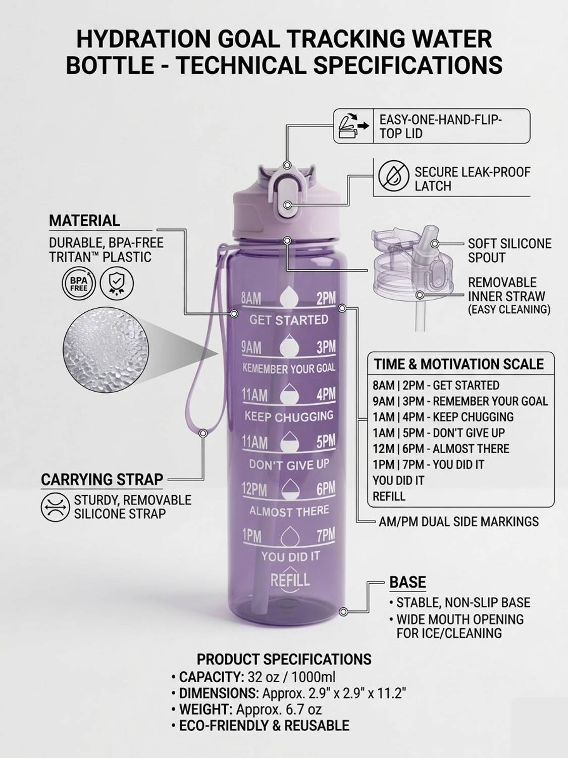 FKMXL Motivational Water Bottle 900ml Plastic Sipper - Image 4