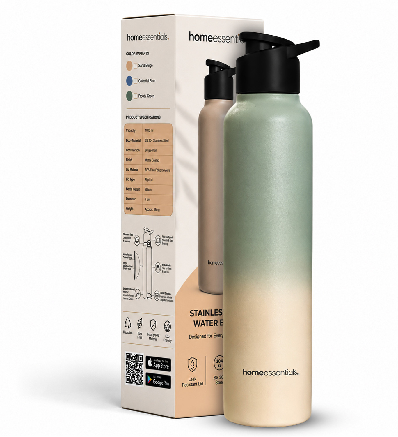 Image of HomeEssentials 1000ml Single Wall Stainless Steel Water Bottle | Single Wall | Leakproof 1000 ml Stainless Steel Bottle