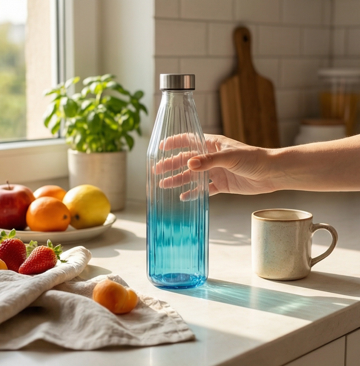 Image of jtw Luxury Gradient Ribbed Glass Water Bottle with Stainless Steel Cap | Leak Proof 800 ml Glass Bottle