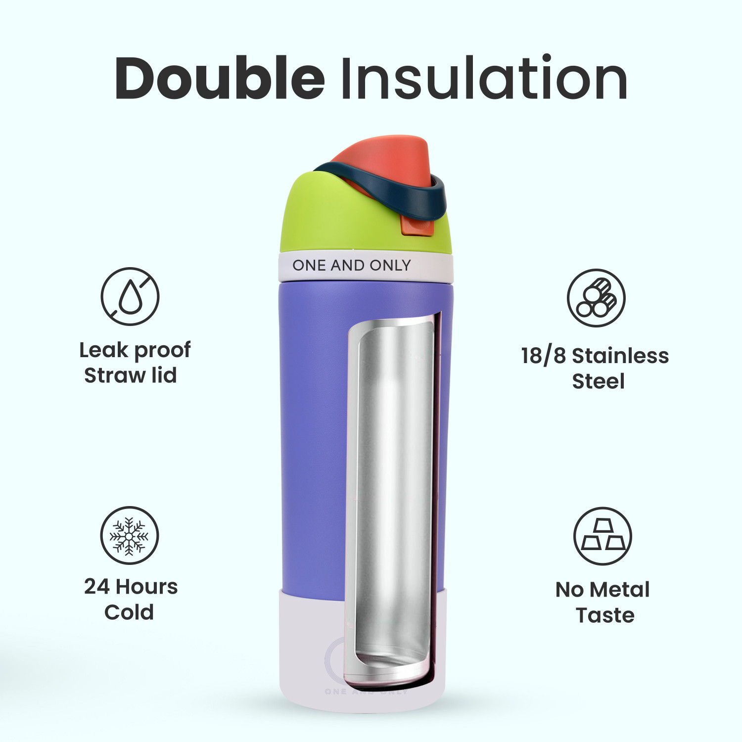 Image of ONE AND ONLY Insulated Steel Water Bottle 550ml with Straw, Leak Proof Wide Mouth Sipper Grip 550 ml Stainless Steel Bottle