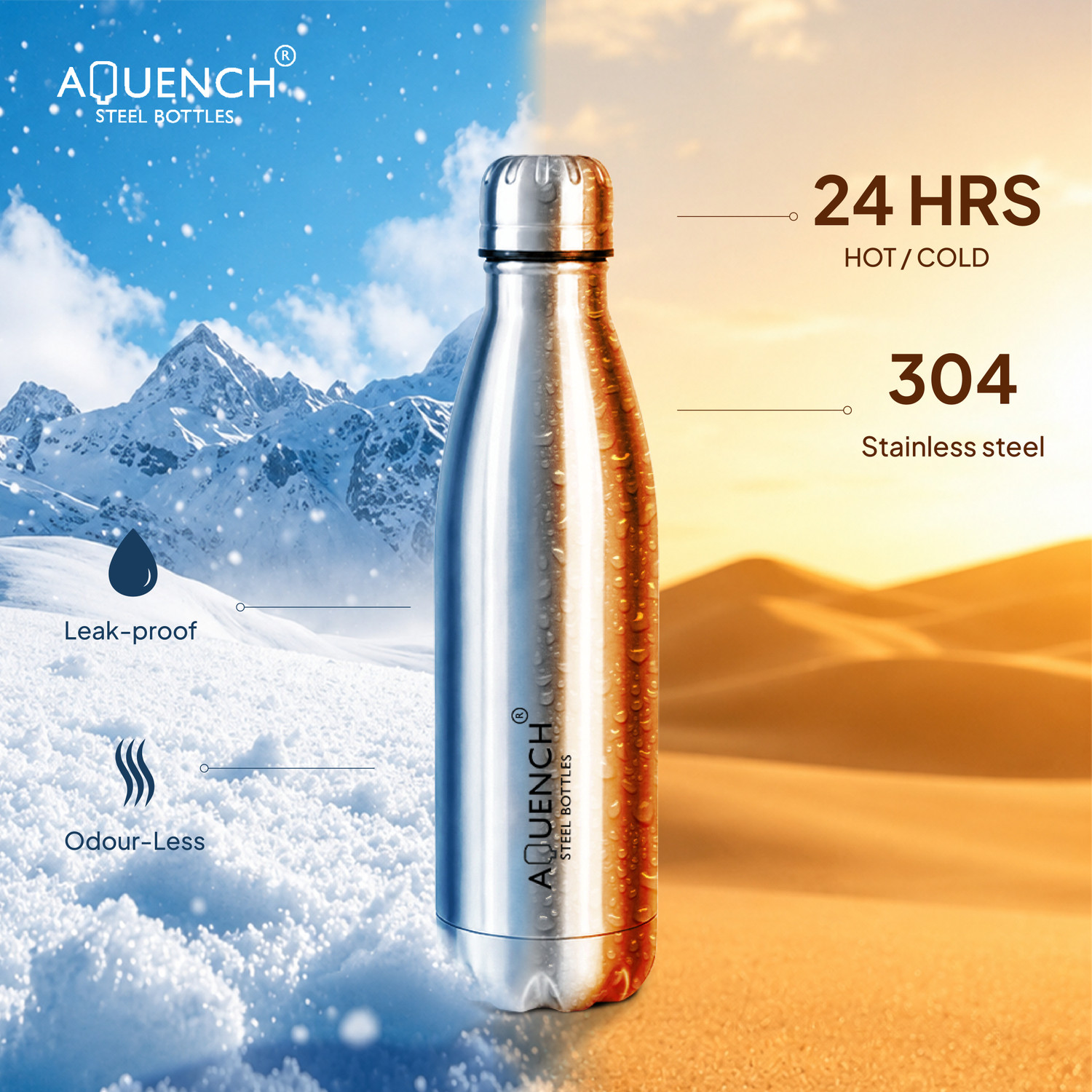 Image of AQUENCH 24 Hrs Hot and Cold Vacuum insulated Water Bottle 500 ml Flask (Silver,Steel) 500 ml Steel Bottle
