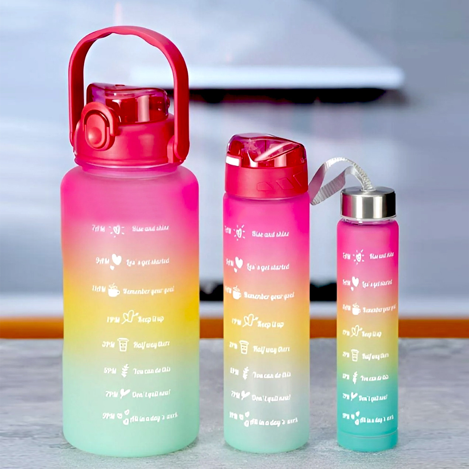 Image of SONIBRO Sports Water Bottle 3 Pcs Set with Motivational Time Mark(Multicolor) 3500 ml Plastic Bottle With Drinking Glass