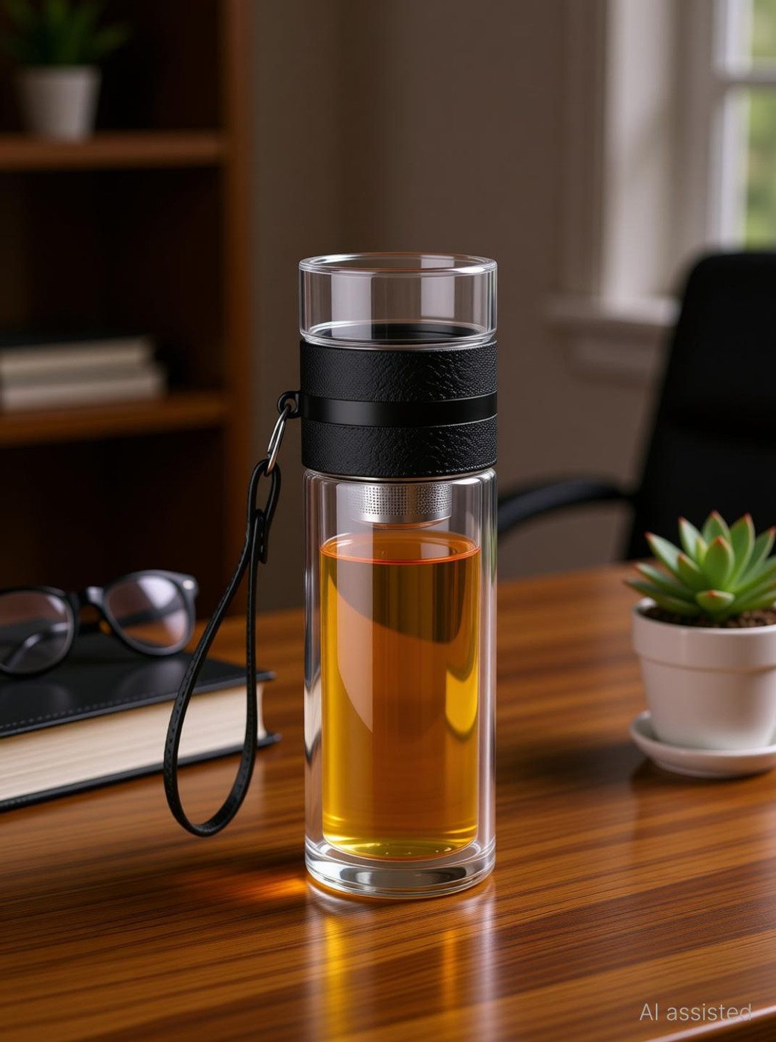 Image of JYONIL Green Tea Fruit Infuser Water Bottle with Inbuilt Glass Mug Filter Bottle 350 ml Glass Bottle With Drinking Glass (Pack of 1, Black)