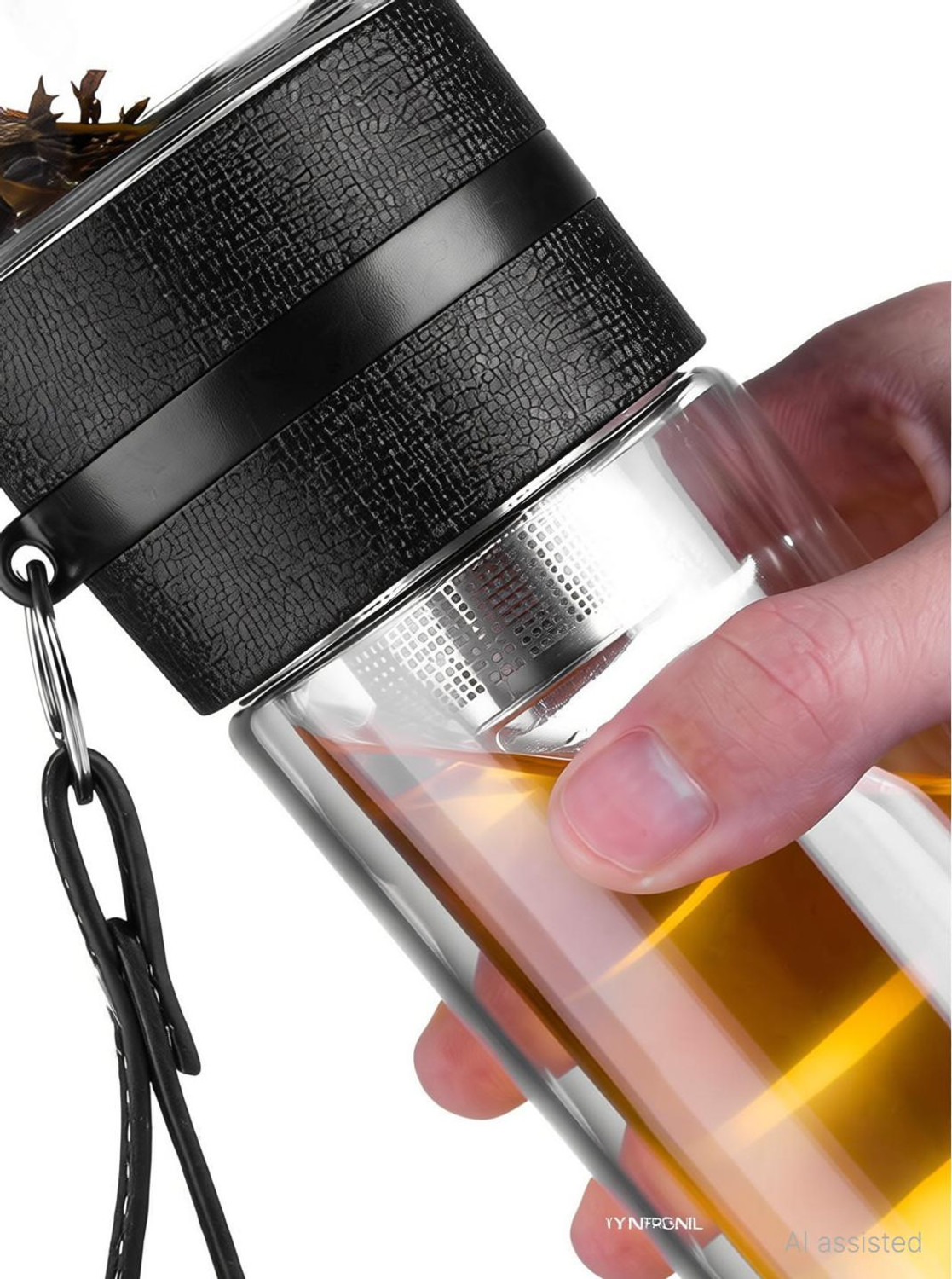 Image of JYONIL Green Tea Fruit Infuser Water Bottle with Inbuilt Glass Mug Filter Bottle 350 ml Glass Bottle With Drinking Glass (Pack of 1, Black)