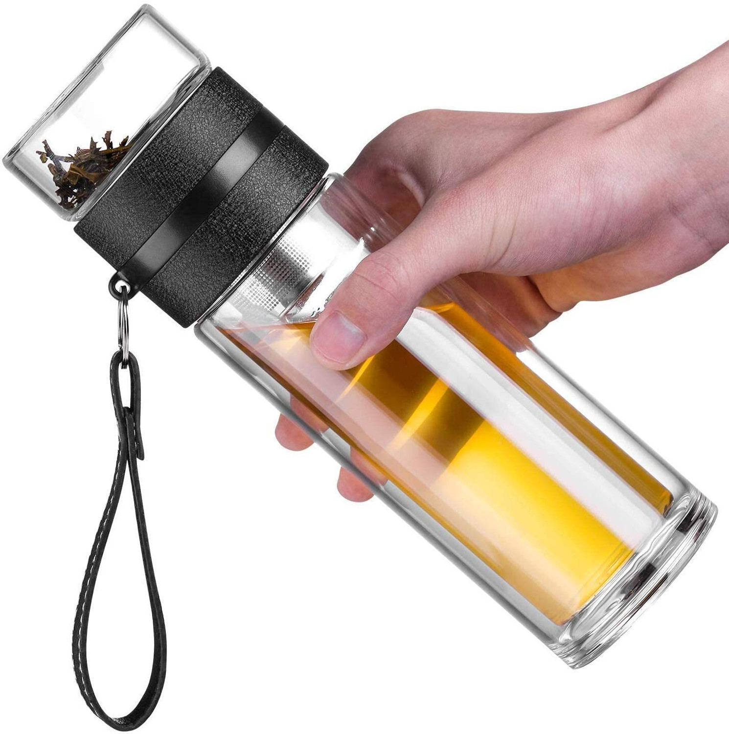Image of JYONIL Green Tea Fruit Infuser Water Bottle with Inbuilt Glass Mug Filter Bottle 350 ml Glass Bottle With Drinking Glass (Pack of 1, Black)