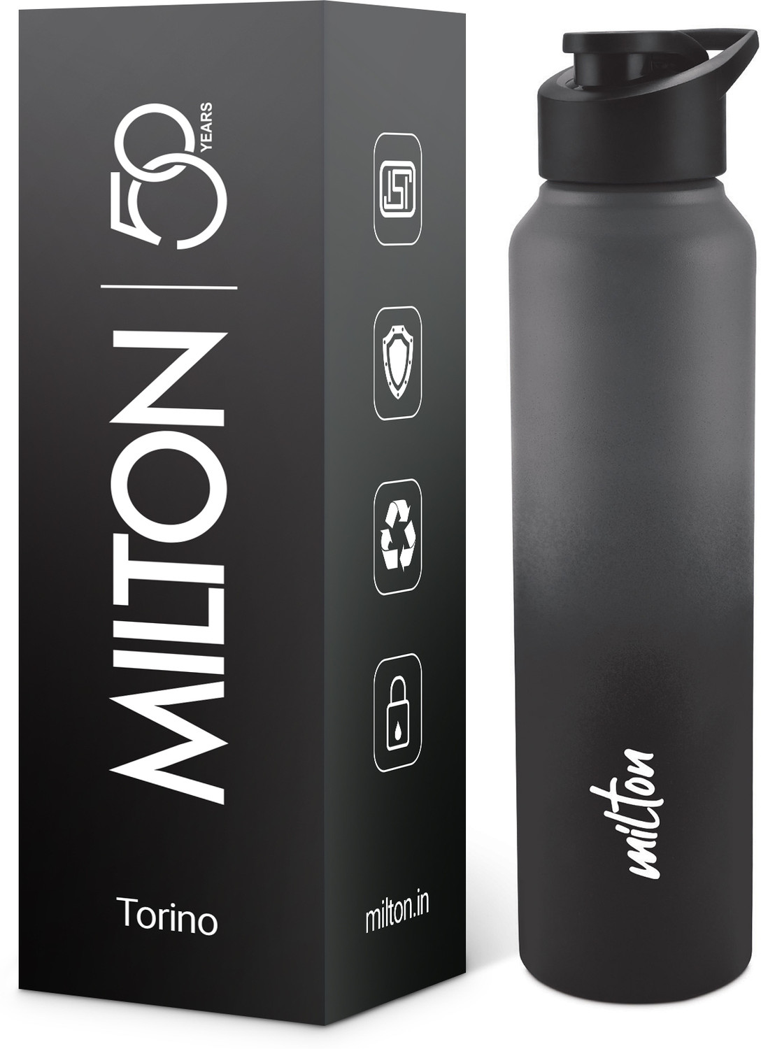 Image of MILTON Torino 1000 Stainless Steel Water Bottle, Single Walled, 980 ml, Grey & Black 980 ml Stainless Steel Bottle