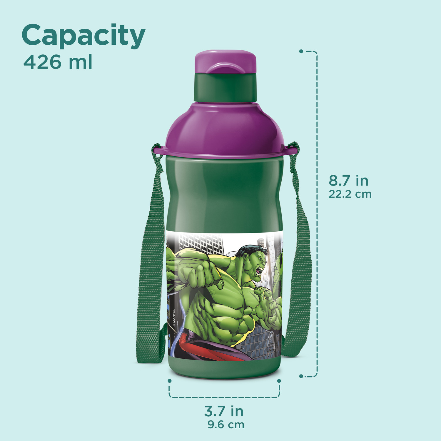Image of MILTON Marvel Kool Elite 400 Insulated Water Bottle, Dark Green, (Hulk print) 426 ml Plastic Bottle (Pack of 1, Green)