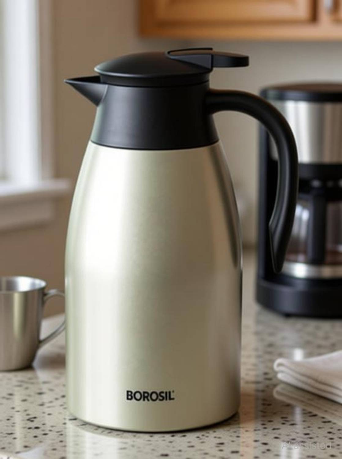 BOROSIL Oyster 2L Double Wall Vacuum Insulated Teapot, 24 Hrs. Hot & Cold Carafe, Silver 2000 ml Steel Flask