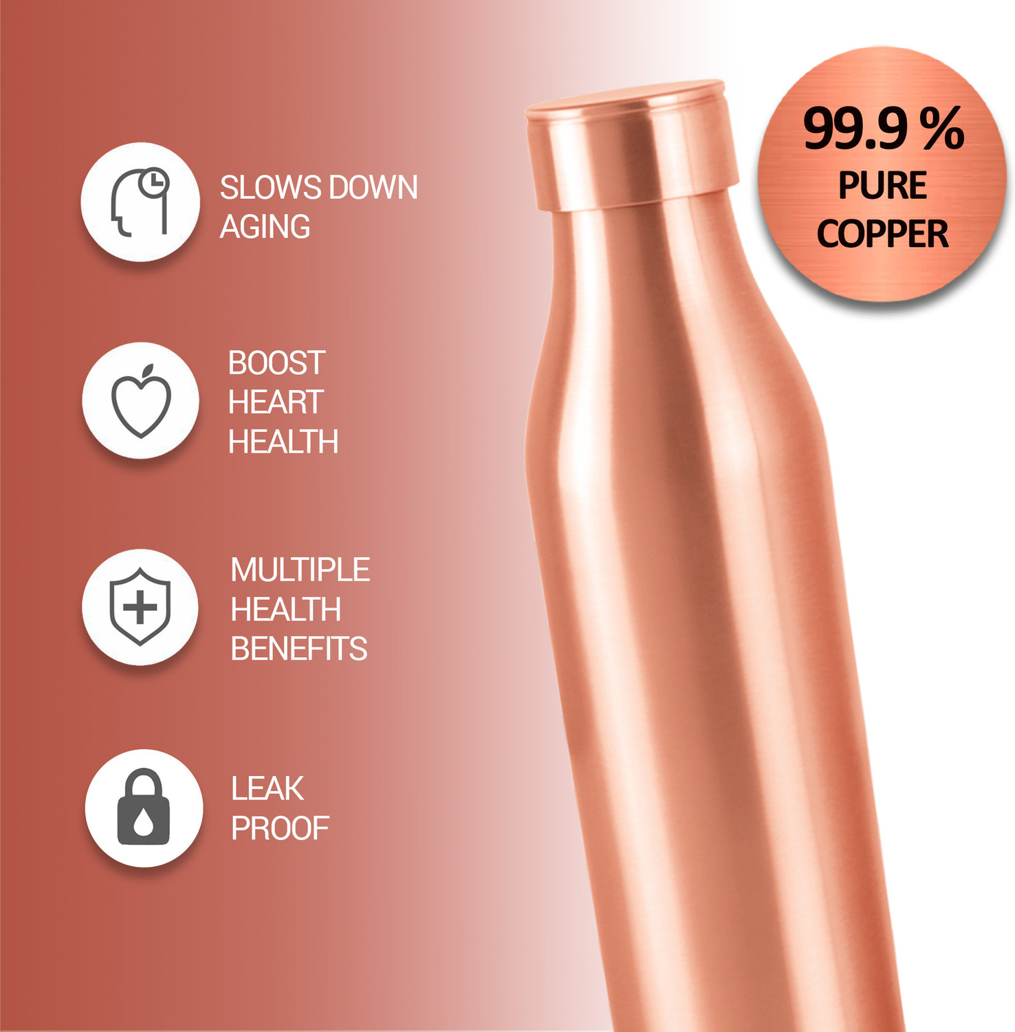Image of MILTON Copper Charge Gift Set, Pure Copper Water Bottle 850 ml,2 Tumbler 280 ml each 1410 ml Copper Bottle