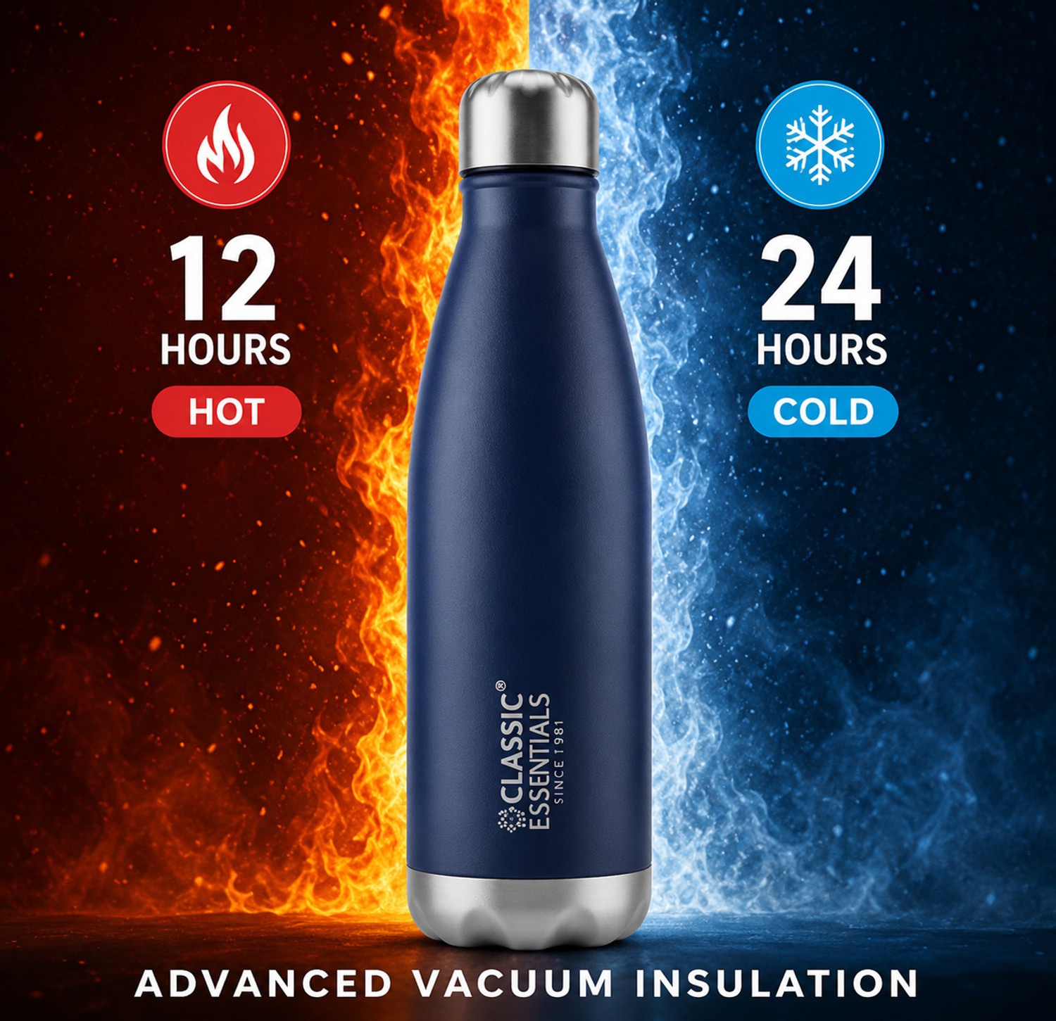 Image of Classic Essentials Insulated Double Wall Stainless Steel Water Bottle | 12 Hour Hot & 24 Hours Cold 500 ml Steel Flask