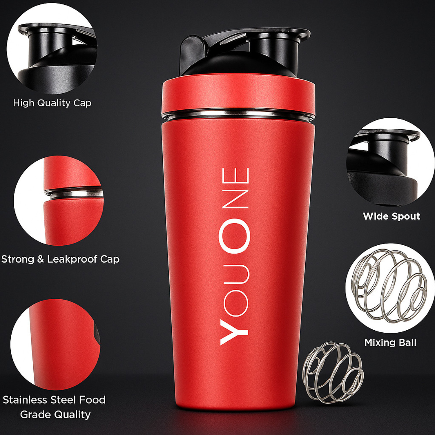 Image of Youone Steel Protein Shaker Bottle for Gym 750ml Leak Proof Gym Shaker with Mixer Ball 750 ml Steel Shaker (Pack of 1, Red)