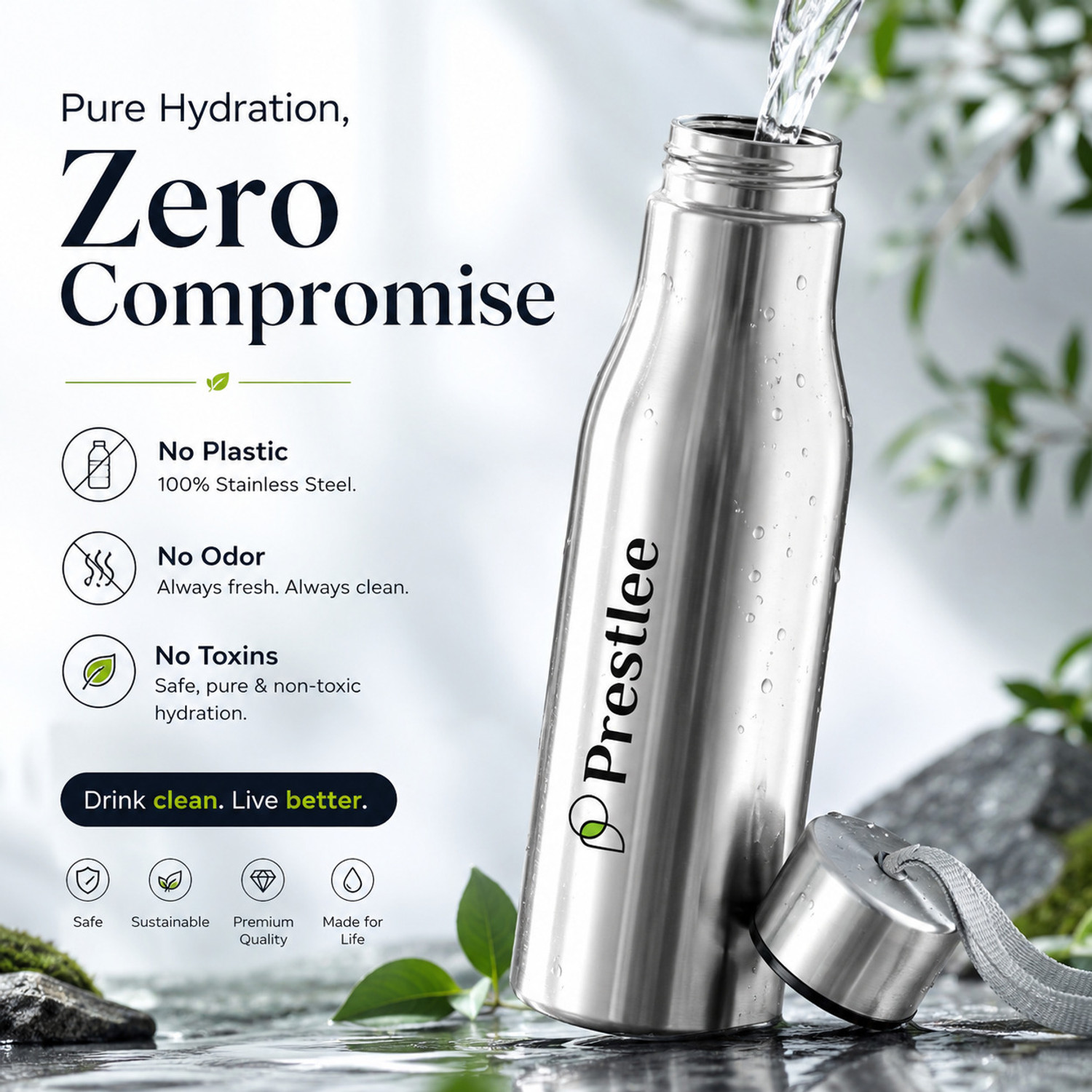 Image of Prestlee Tag Stainless Steel Water Bottle 1000 ML (6 PC SET) 1000 ml Steel Bottle (Pack of 6, Silver)