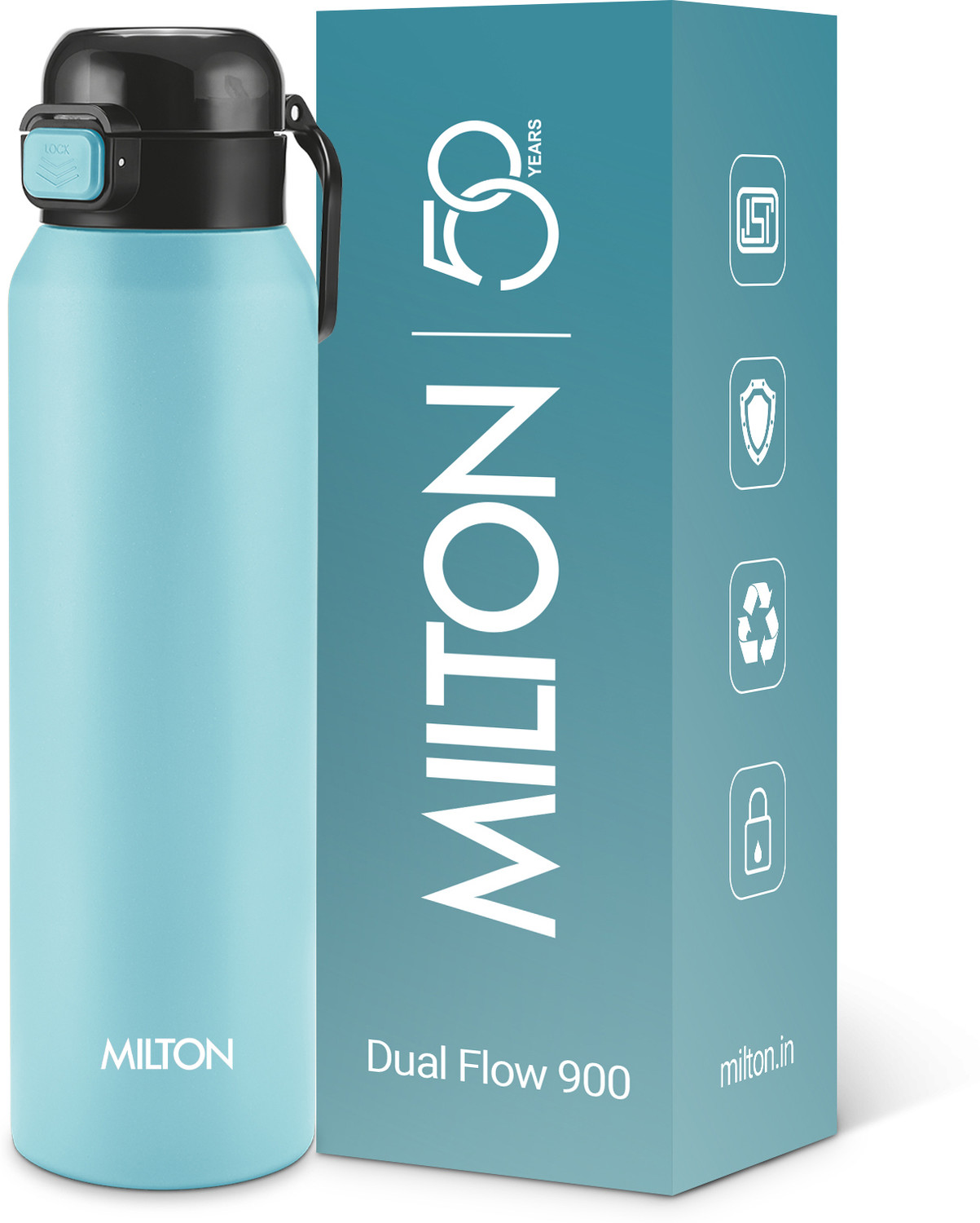 Image of MILTON Dual Flow 900 Thermosteel Water Bottle 900 ml, Twin Lid Sip or Gulp, Light Blue 900 ml Stainless Steel Bottle