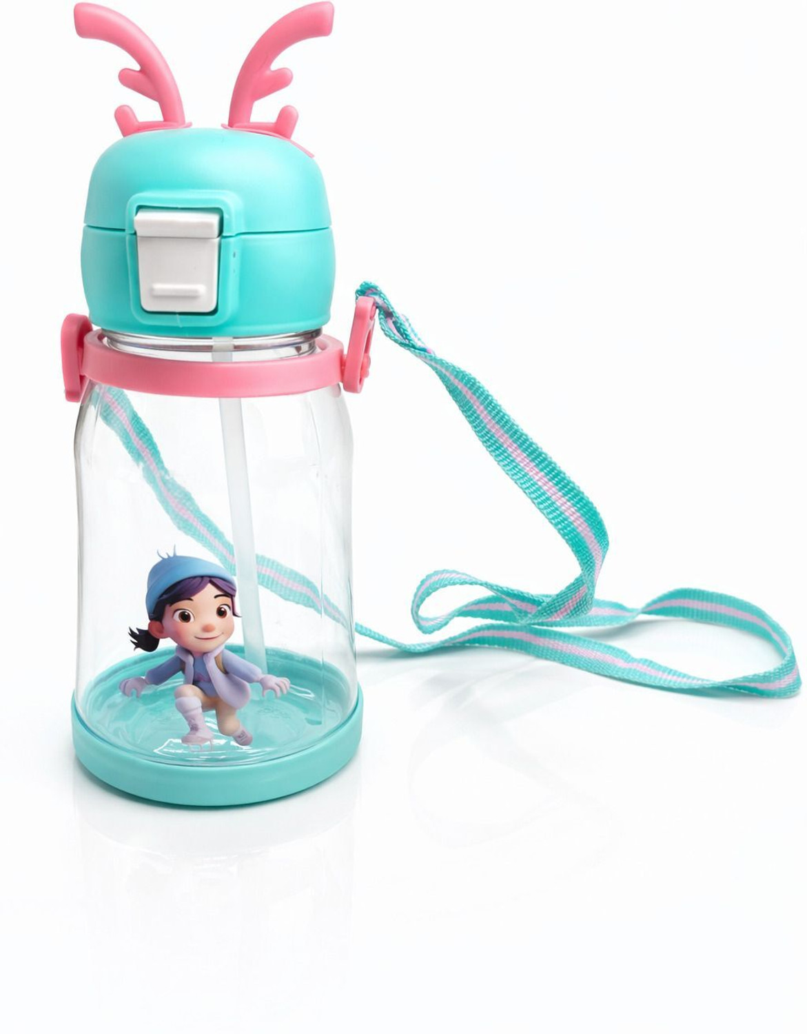 Image of BELLERBIRD Cartoon Design Bottle with Straw & Strap , Anti-Leak Proof Water Bottle for Kids 600 ml Plastic Bottle