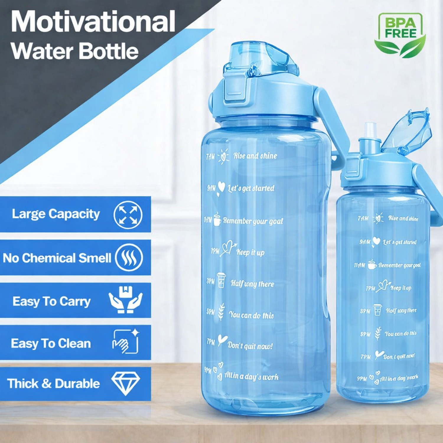 Image of BELLERBIRD 2 Litre Motivational Water Bottle with Straw, Leakproof Wide Mouth BPA Free 2000 ml Plastic Bottle