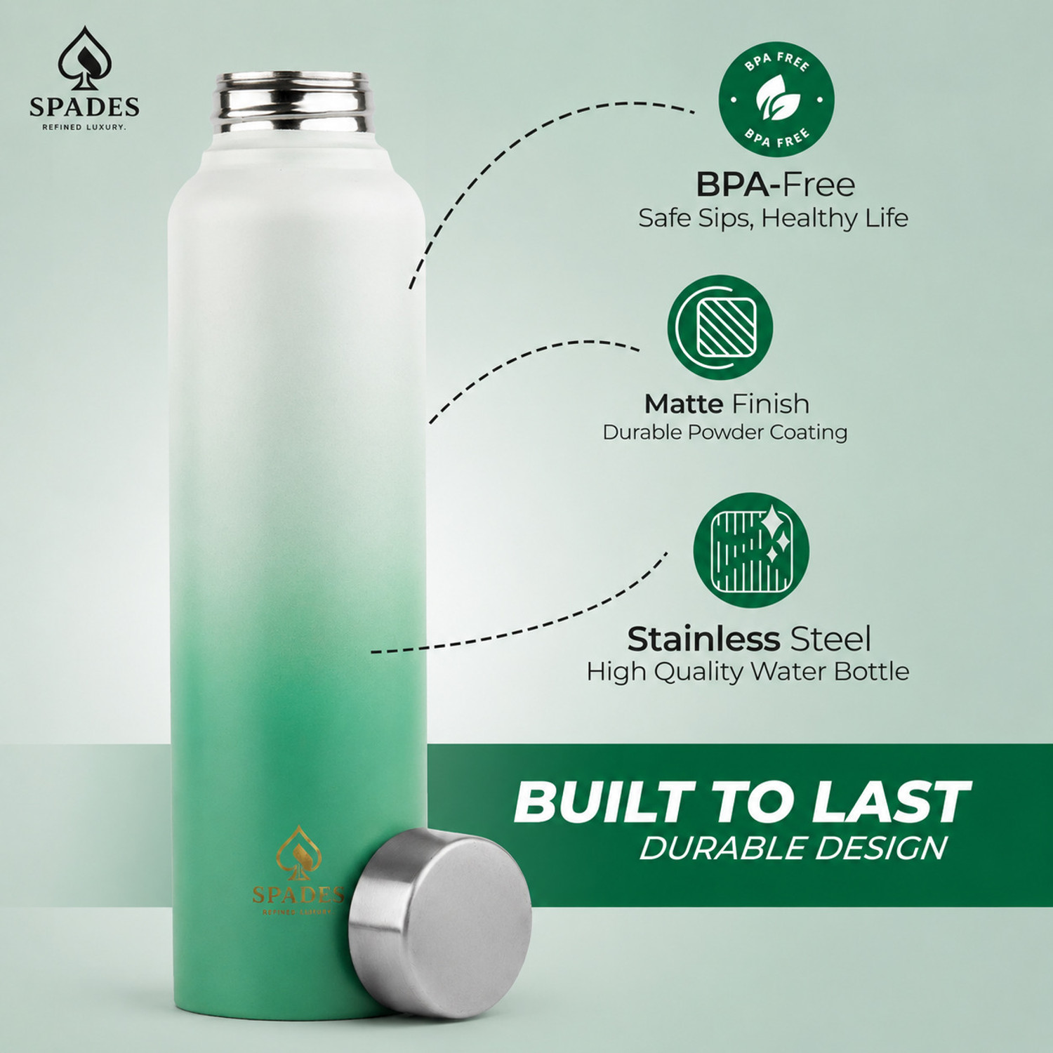 Image of SPADES Stainless Steel Water Bottle | Leakproof BPA-Free 1000 ml Stainless Steel Bottle