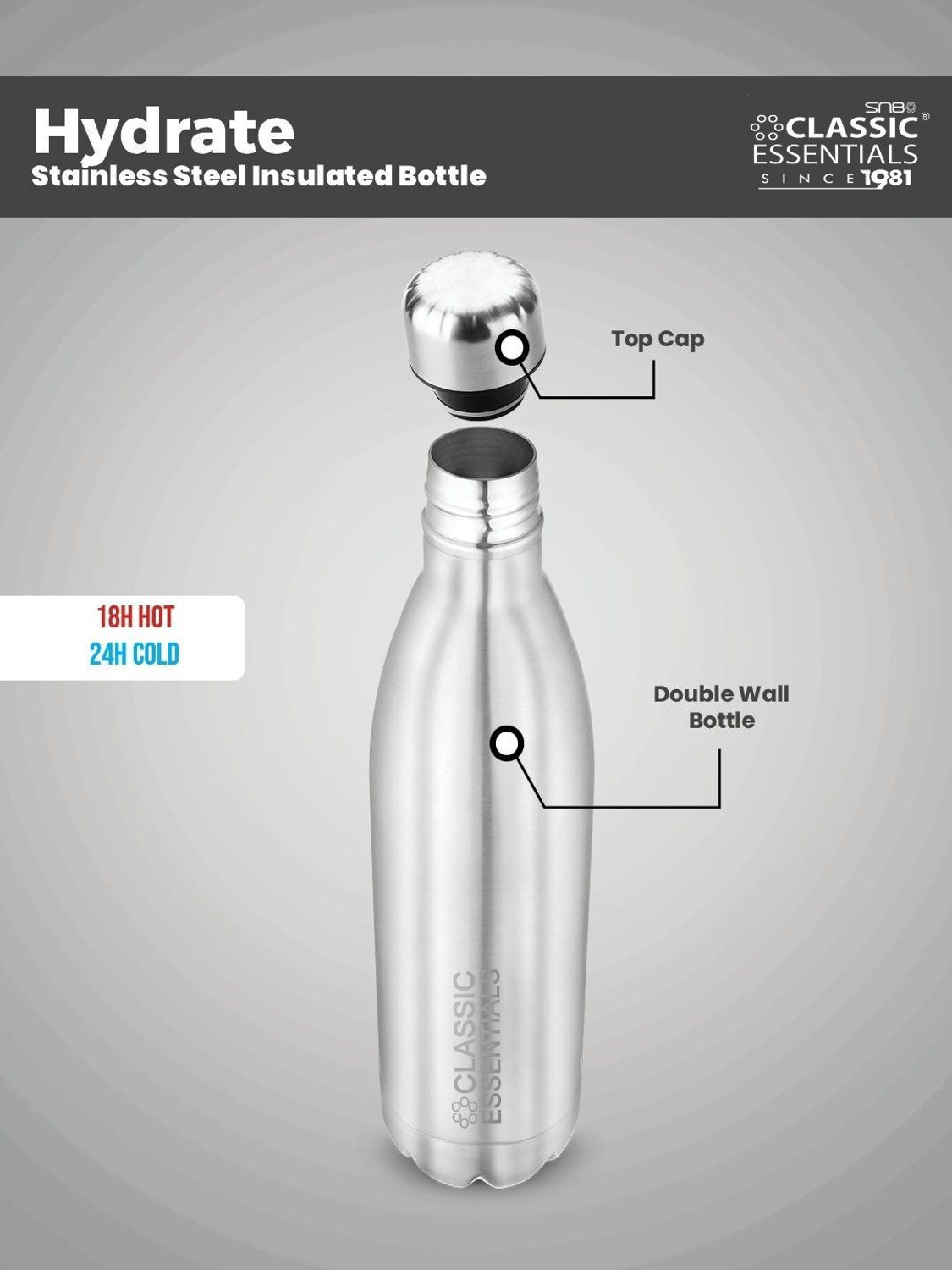 Image of Classic Essentials Insulated Hot & Cold Vacuum, 1000 ml Steel Flask (Pack of 1, Silver)