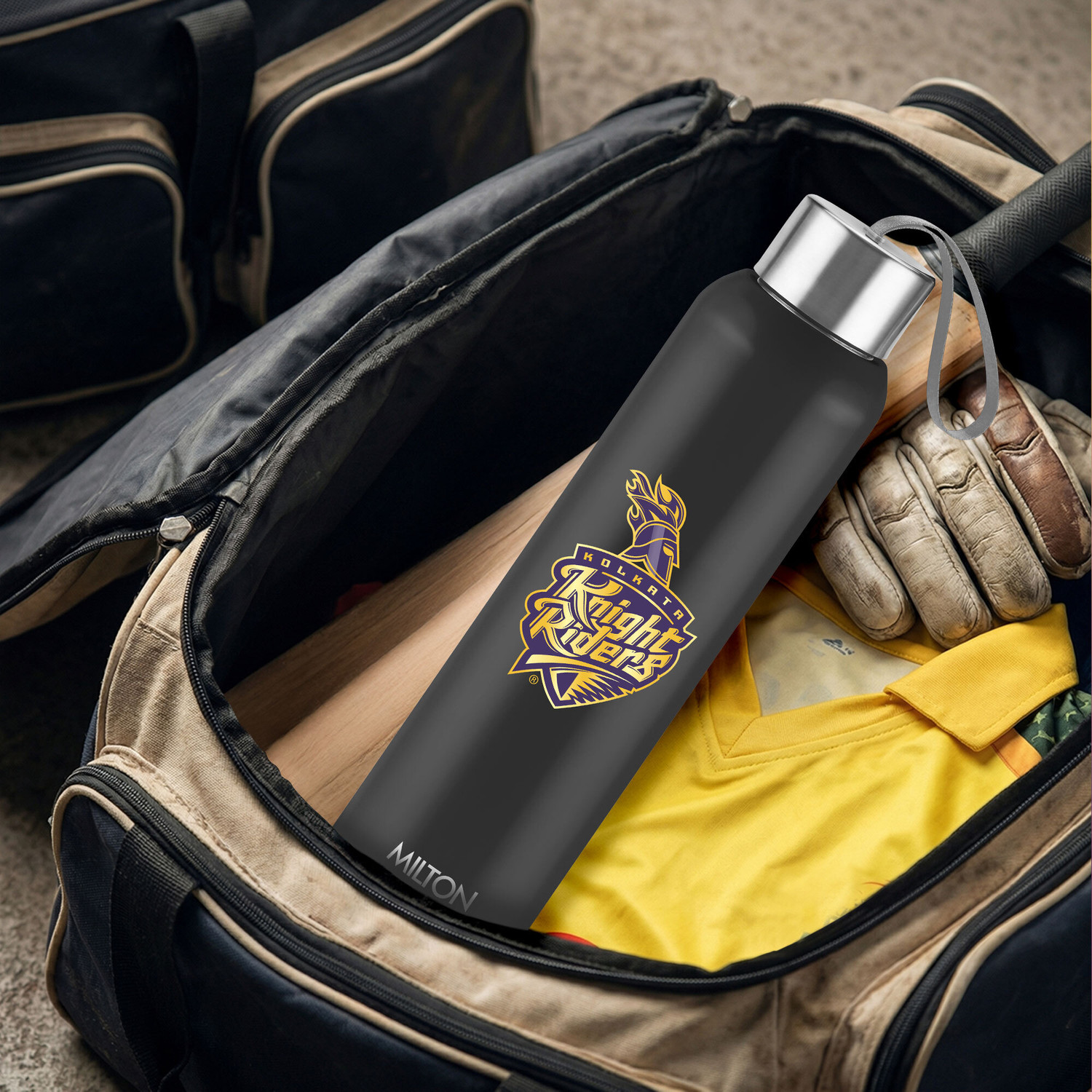 Image of MILTON Sports Steel Halo 900 IPL Cricket PU Insulated Bottle, 600 ml, KKR Black 600 ml Stainless Steel Bottle