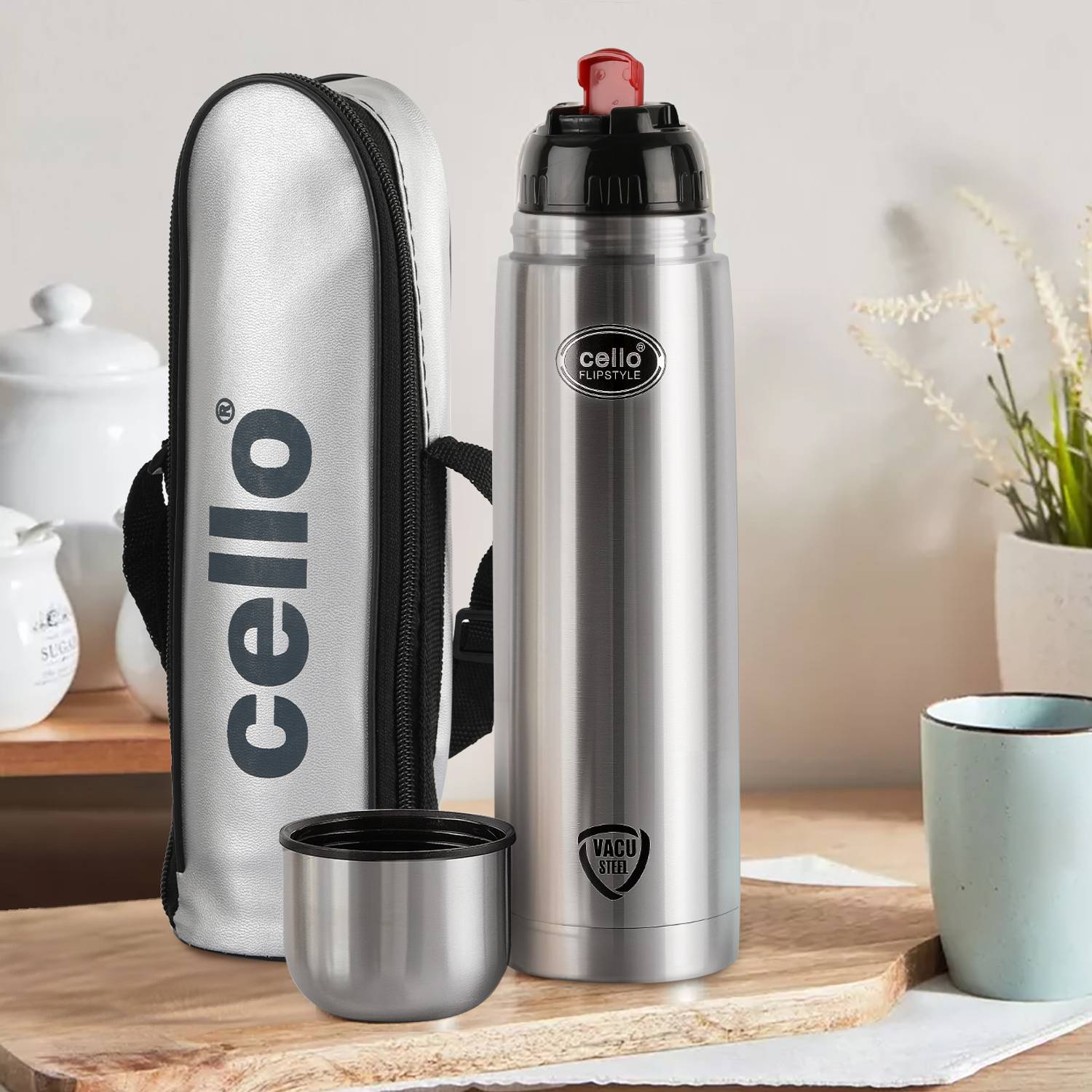 cello Flipstyle Pro Stainless Steel with Jacket | Flip lid with cup | Leakproof 890 ml Stainless Steel Flask