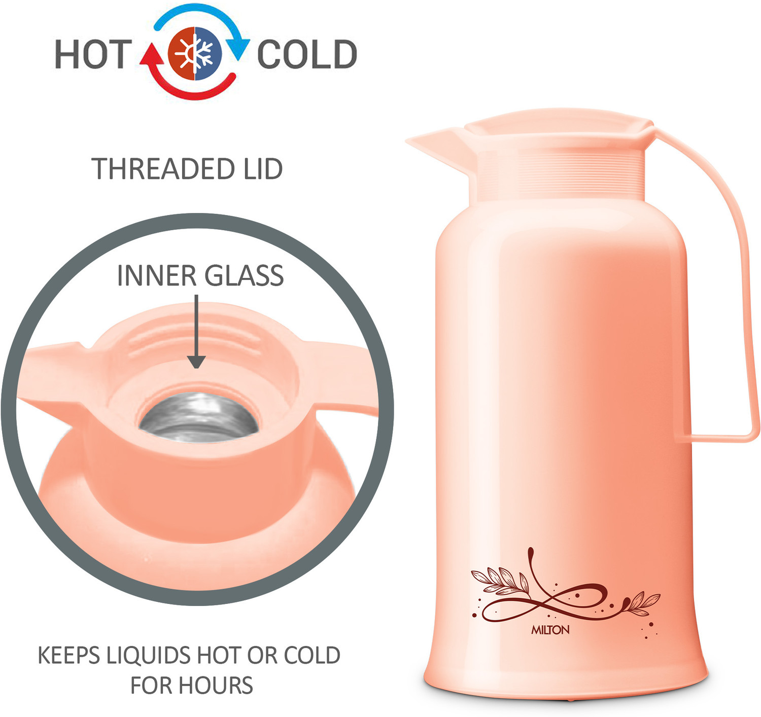 Image of MILTON Crystal 1000 Vacuum Insulated Inner Glass Hot or Cold Flask, 1000 ml, Peach 1000 ml Plastic Flask