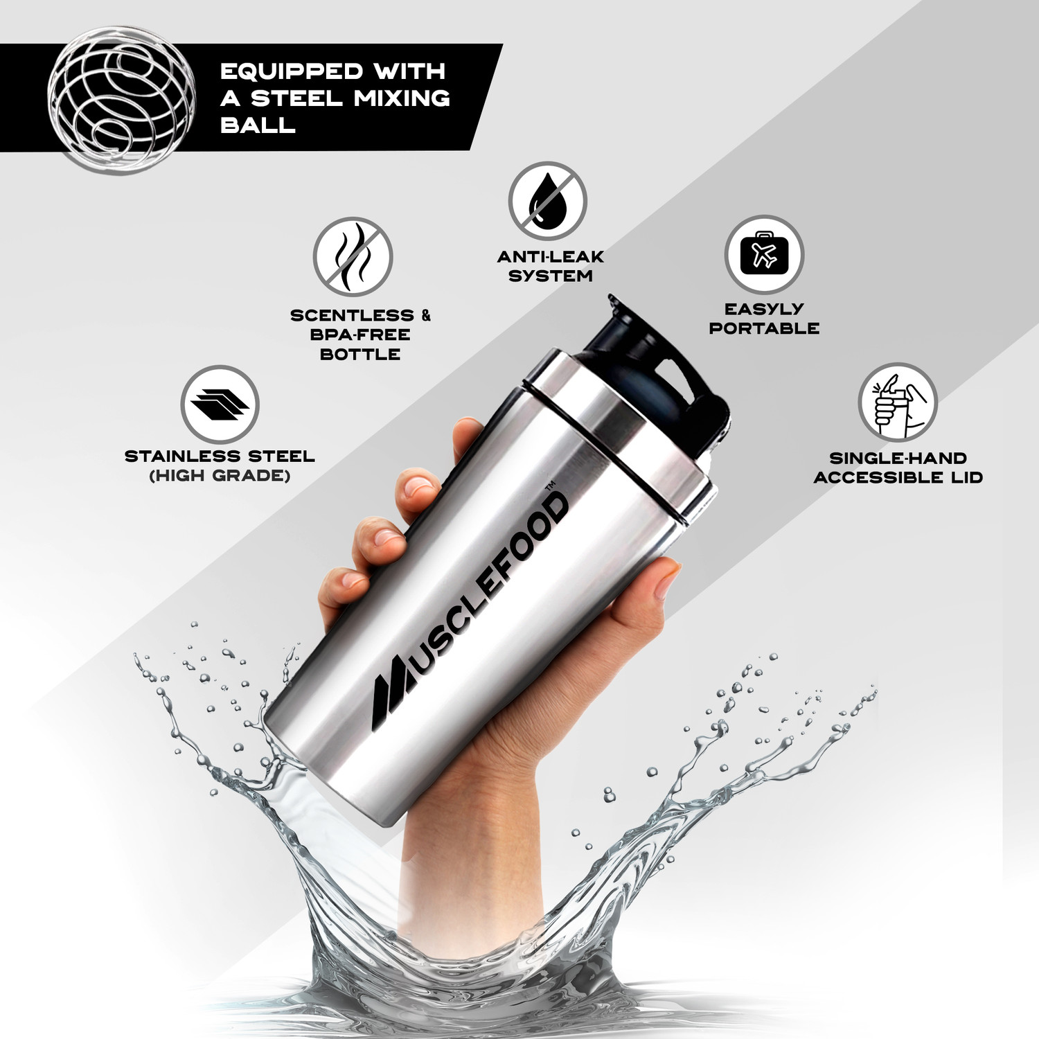 Image of MUSCLEFOOD Steel Protein Shaker Bottle with Mixing Spring 750 ml Stainless Steel Shaker