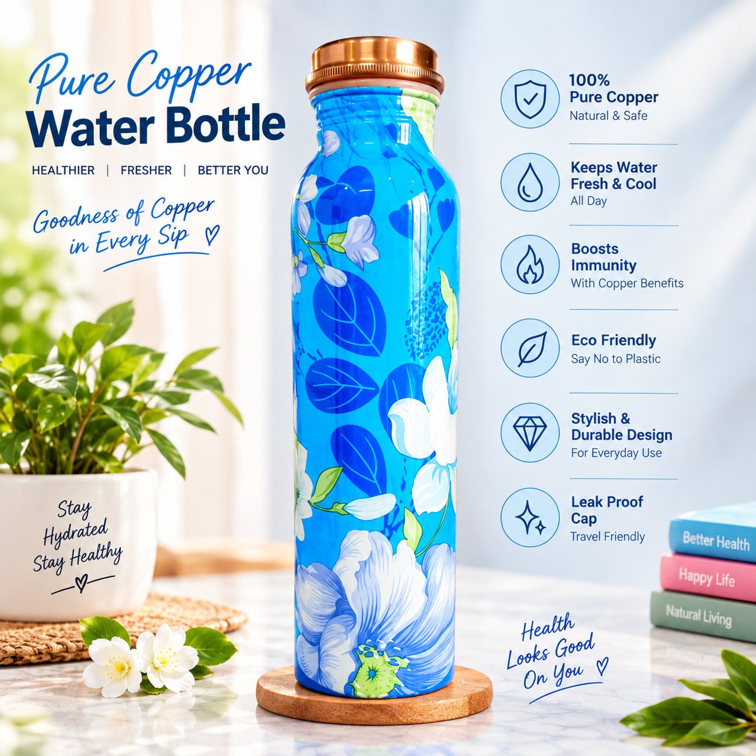Image of copper+ Antique Blue Flower Design Pure Copper Water Bottle | Stylish & Premium 950 ml Copper Bottle (Pack of 1, Multicolor)
