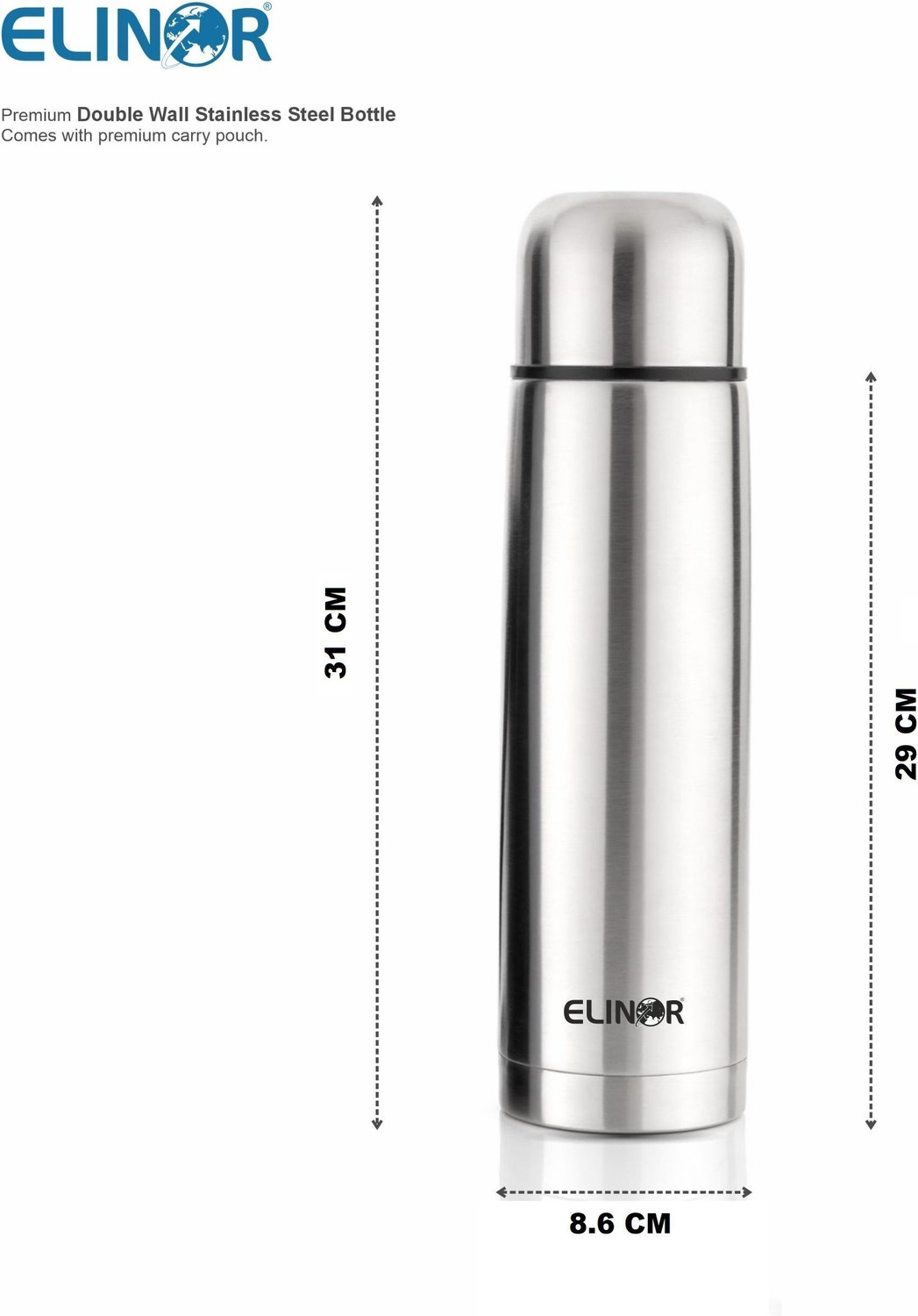 Image of ELINOR Thermosteel Water Bottle 24 Hr Hot and Cold with Leak Proof Lid 1000 ml Stainless Steel Bottle