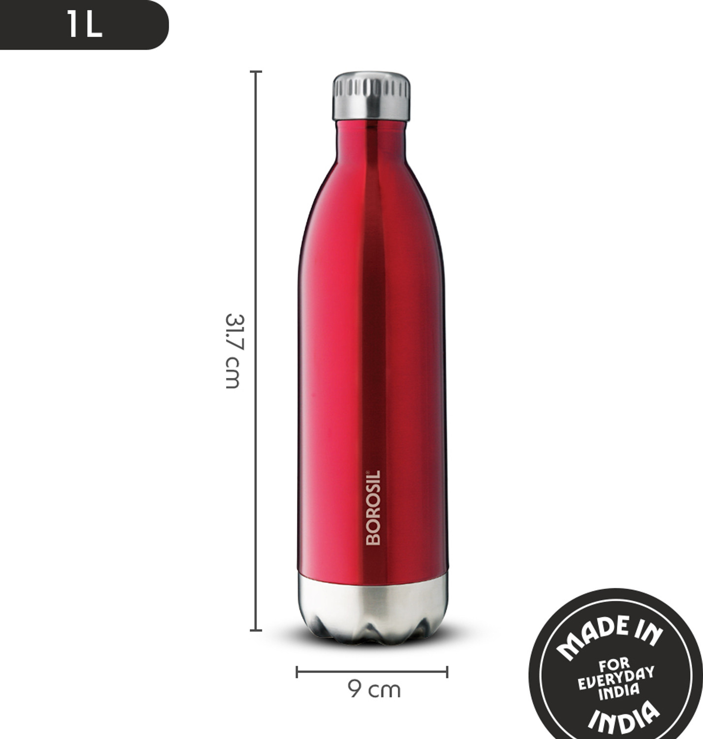 Image of BOROSIL 1000ml Bolt Trans Red Vacuum Insulated Water Bottle, 24 Hours Hot & Cold Flask 1000 ml Steel Bottle