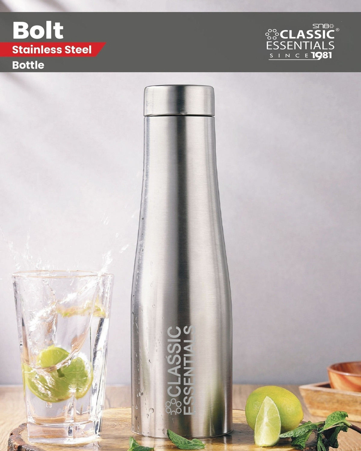 Image of Classic Essentials Stainless Steel Sports /Fridge Puro Water Bottle I Single wall 1000 ml Steel Bottle