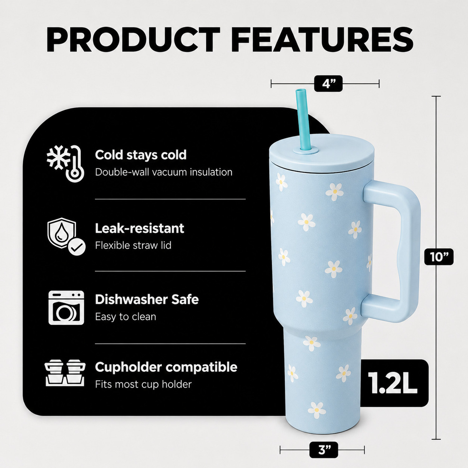 Image of INDIWARRIOR Insulated Trek Tumbler with Handle, Straw & Lid, Double Wall Vacuum Stainless Steel Tumbler