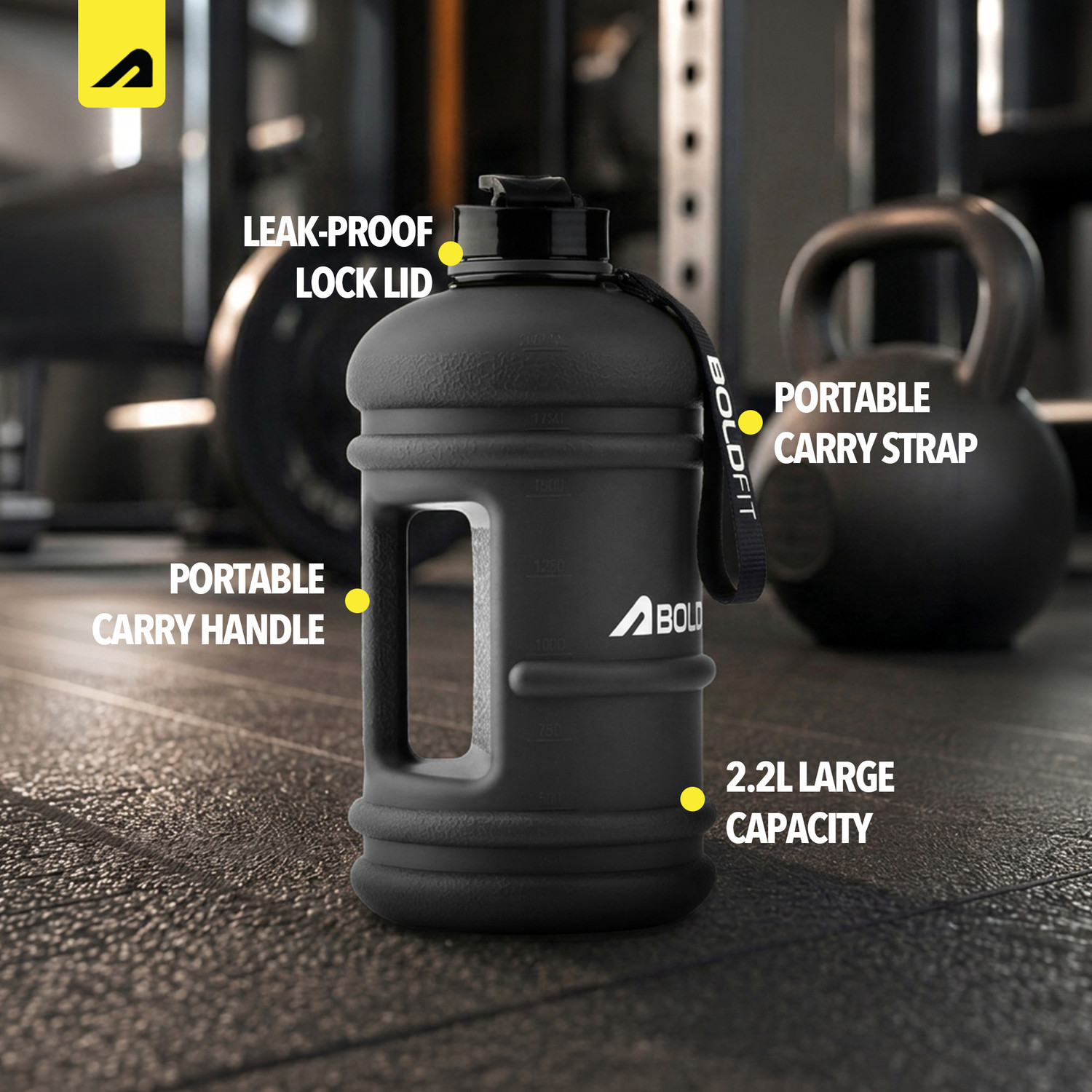 Image of BOLDFIT Gym Gallon Water Jug Bottle (2.2 Litre, Extra Large Matt Gallon Black) 2200 ml Plastic Bottle (Pack of 1, Black)