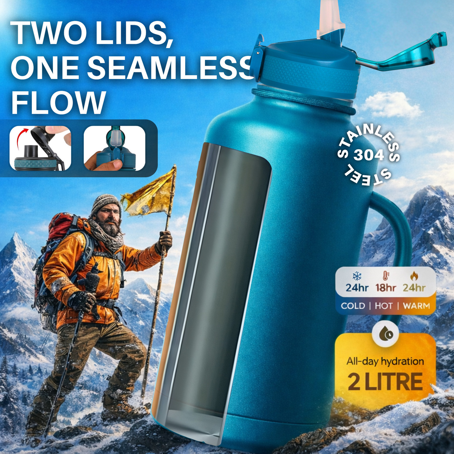 Image of Dr FITZY 2 Lids Insulated Steel Water Bottle 2 Litre, 2L Hot And Cold Straw Sipper Flask 2000 ml Stainless Steel Flask