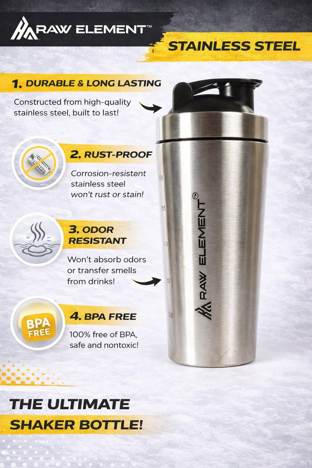 Image of Raw Element Stainless Steel Gym Shaker 750ml - Leakproof Shaker Bottle for Protein 750 ml Steel Sipper