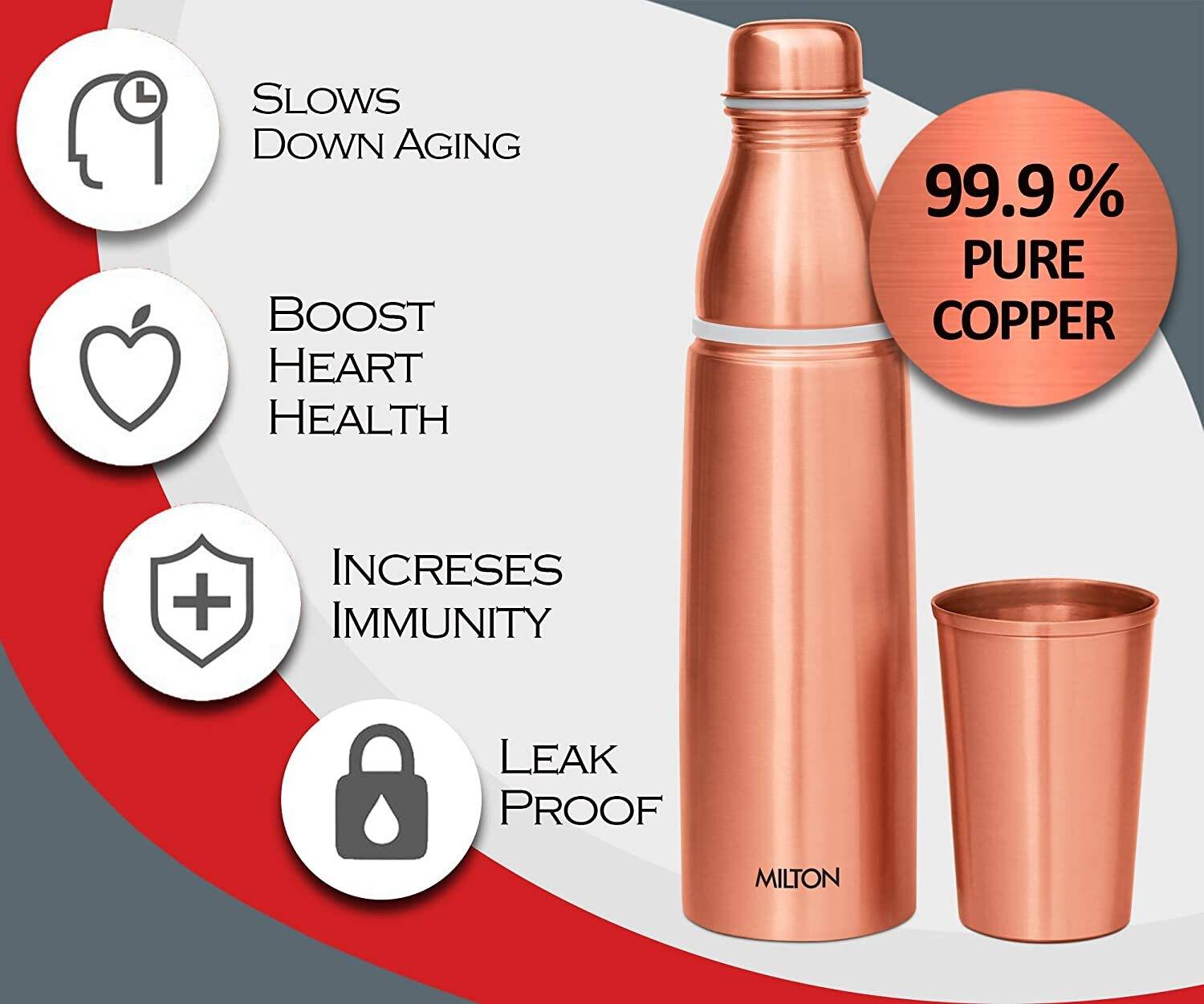MILTON Copper Combo 1000 Water Bottle with in Built Glass Cap 880