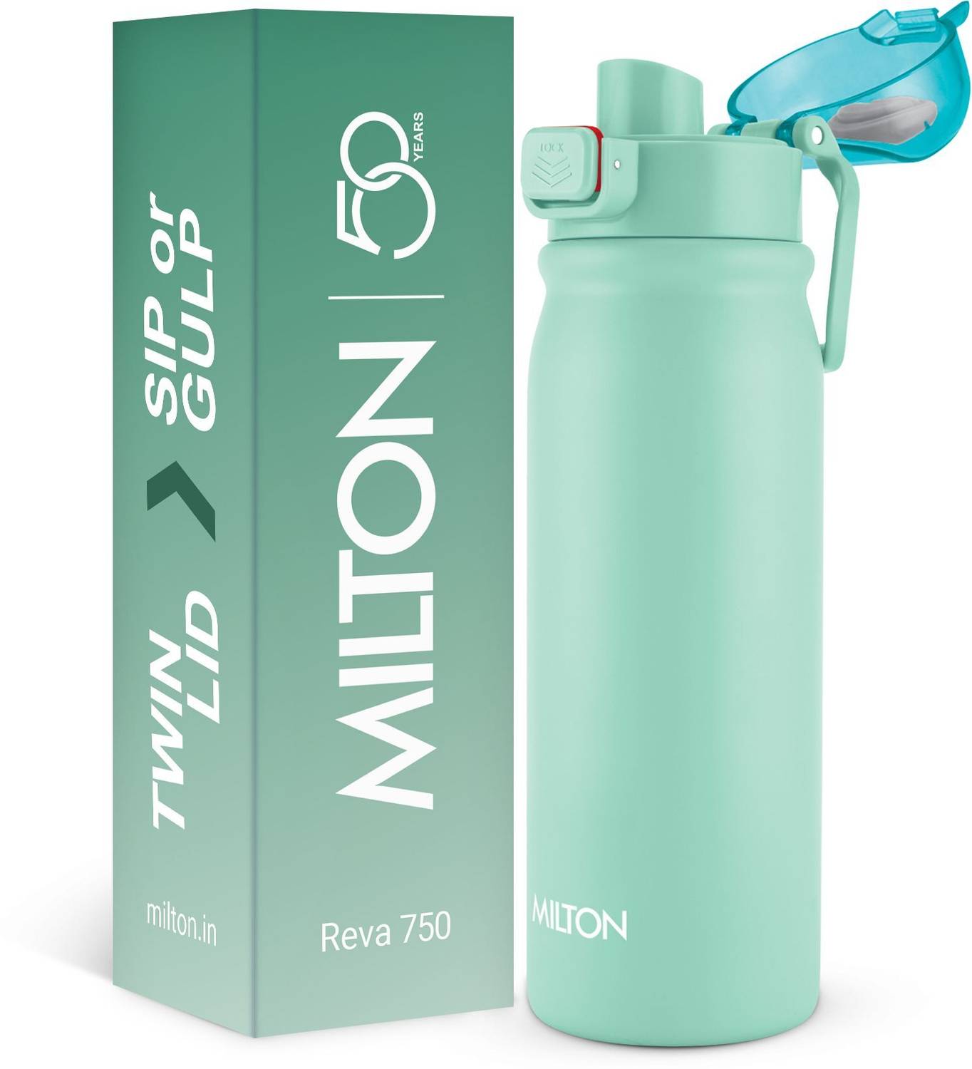 MILTON Reva 1000 Steel Water Bottle with Twin Lid Sip or Gulp, 750ml Aqua Green 750 ml Stainless Steel Bottle