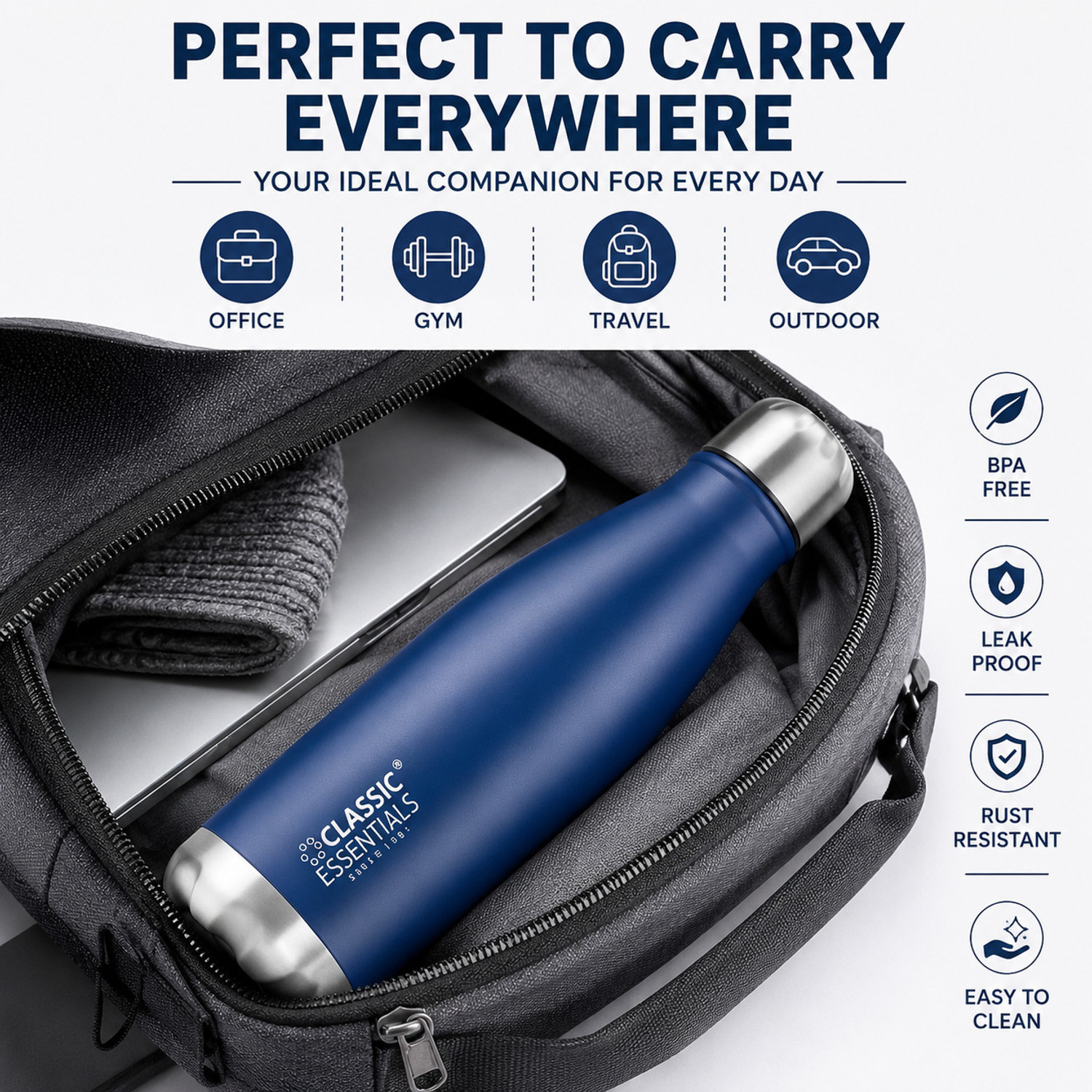 Image of Classic Essentials Insulated Double Wall Stainless Steel Water Bottle | 12 Hour Hot & 24 Hours Cold 500 ml Steel Flask