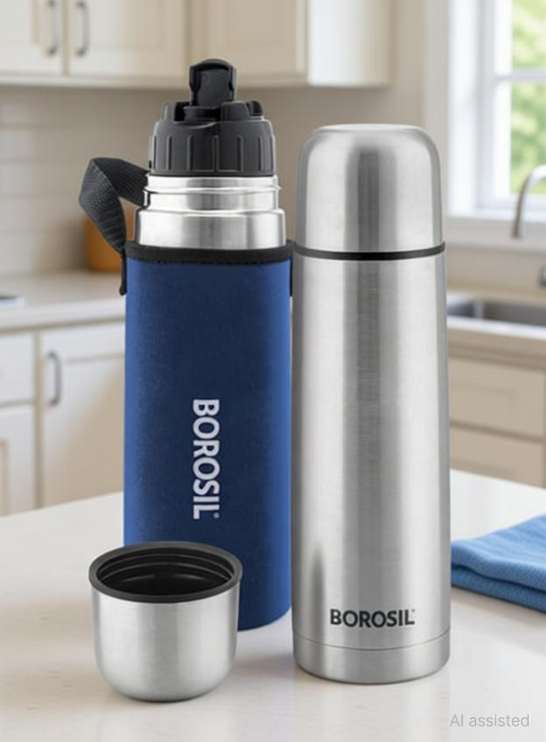 Image of BOROSIL Hydra Thermo Vacuum Insulated Water Bottle with Bag, 24 hrs Hot and Cold 500 ml Steel Flask