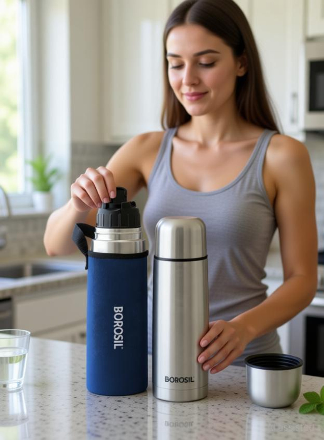 Image of BOROSIL Hydra Thermo Vacuum Insulated Water Bottle with Bag, 24 hrs Hot and Cold 500 ml Steel Flask