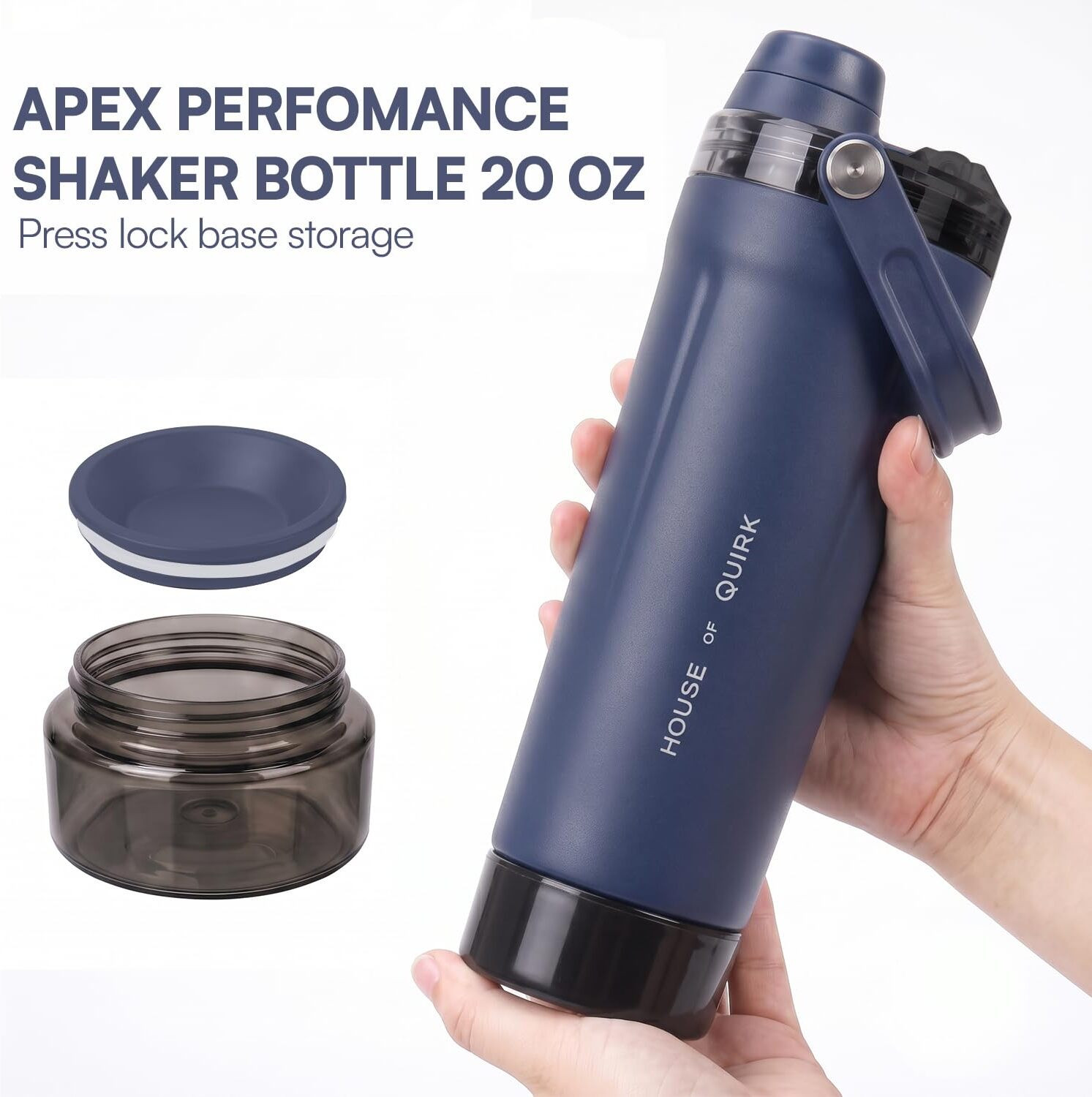 Image of HOUSE OF QUIRK APEX Shaker Bottle with Storage Compartment, Protein Shake Bottle 591 ml Steel, Plastic Shaker