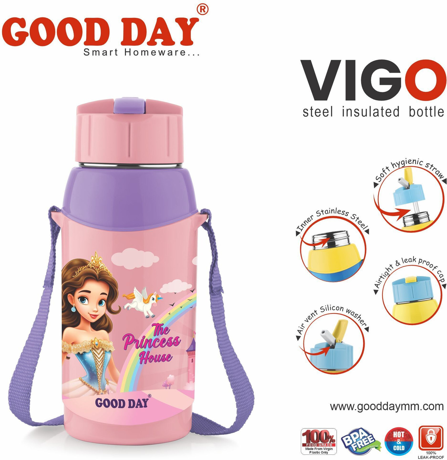 Image of Good Day Vigo 400 Stainless Steel Insulated Water Bottle For Kids | 410 ml Plastic Bottle