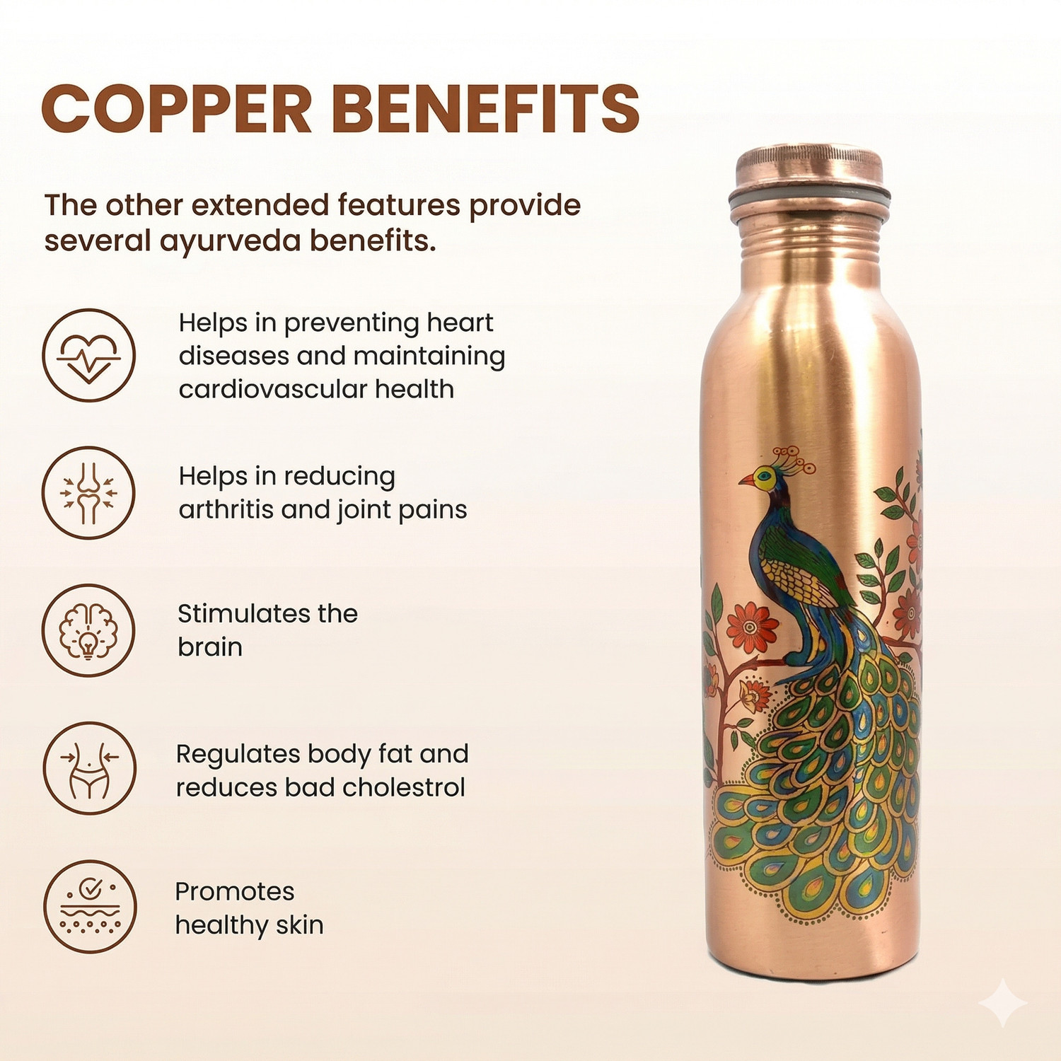 Image of CUPRO Copper Water Bottle with Peacock Art - Leak Proof, Jointless, 1 Litre (Printed) 1000 ml Copper Bottle
