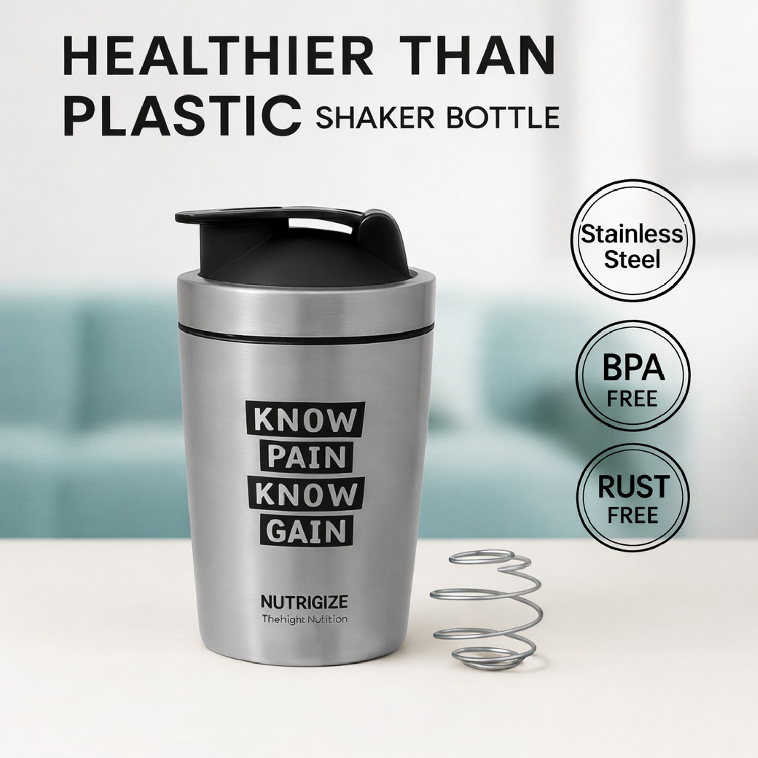 Image of Nutrigize Stainless Steel Shaker Bottle for Gym | Leak Proof | Shaker Bottle Steel 590 ml Steel Shaker
