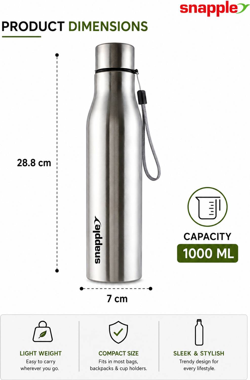 Snapple Active+ 1000 ml Stainless Steel Bottle Pack of 1 - Image 4