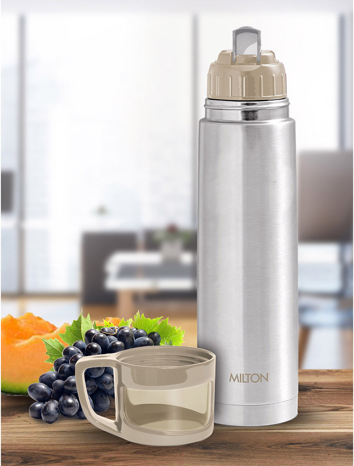 Image of MILTON Thermosteel Glassy Drinking Cup Lid, 750 ml, Grey 750 ml Steel Bottle