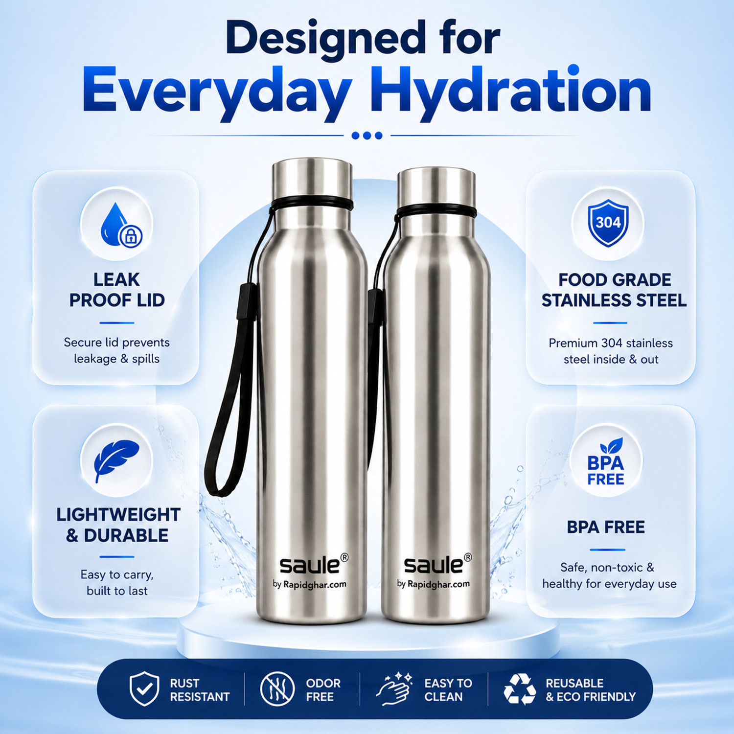 Image of Saule Steel Bottle Pack of 2 1000 ml Stainless Steel Bottle