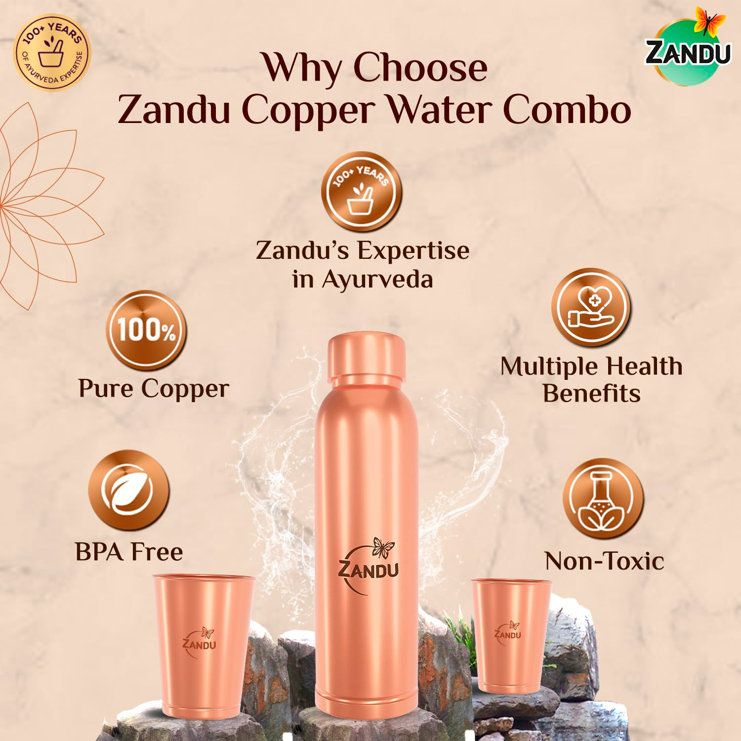 Image of ZANDU Gift Set Pack (1 Bottle & 2 Tumbler) 1550 ml Copper Bottle With Drinking Glass
