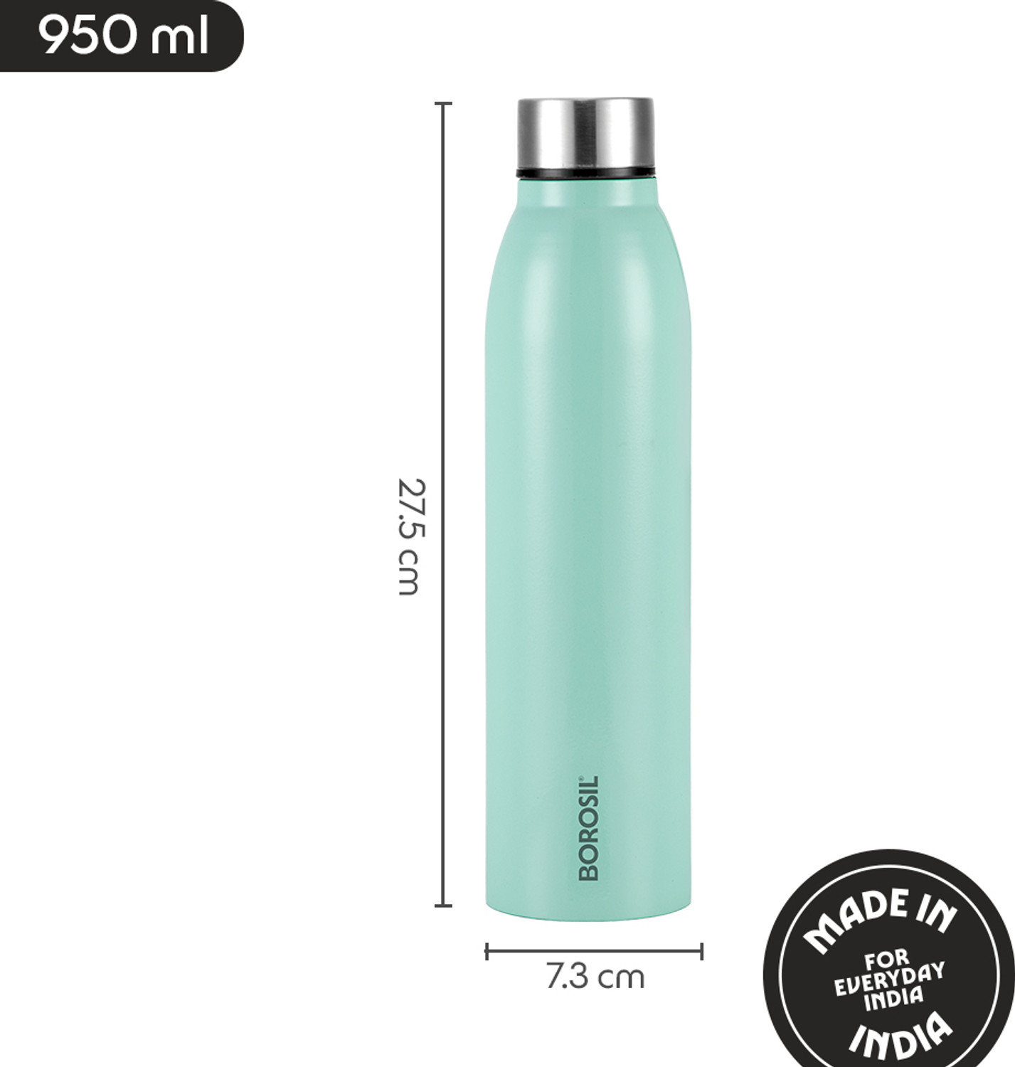 Image of BOROSIL 950ml Glacier BIS Approved, Made in India Single Wall Bottle 1 Year Warranty 950 ml Stainless Steel Bottle