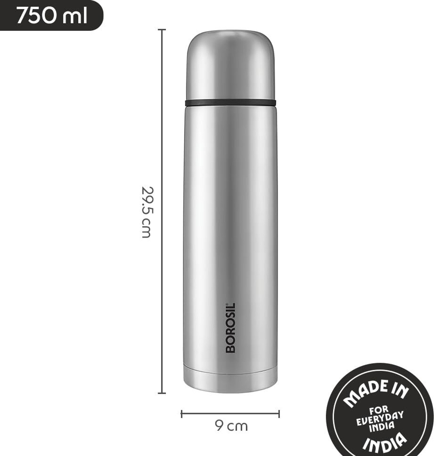 Image of BOROSIL Thermo Black 750ml Steel Bottle 24 Hours Hot & Cold Vaccum Insulated Flask 750 ml Stainless Steel Bottle