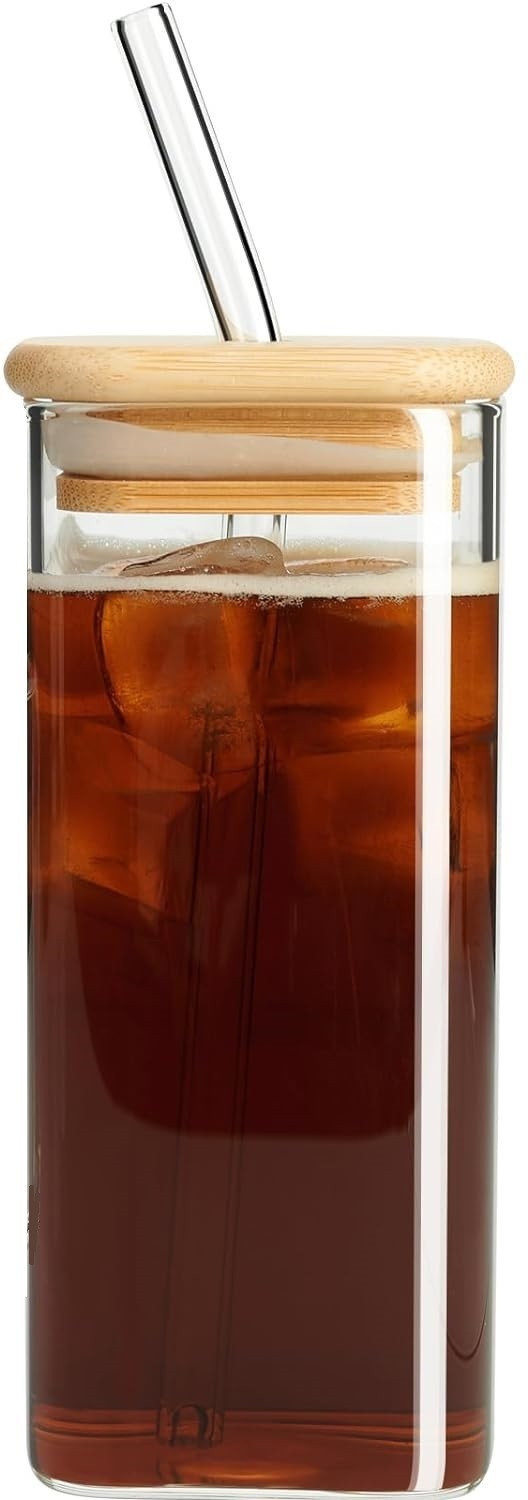 Image of kelvee Glass Tumbler with Bamboo Lids and Glass Straw, Square Shaped Drinking Glasses 350 ml Glass Shaker